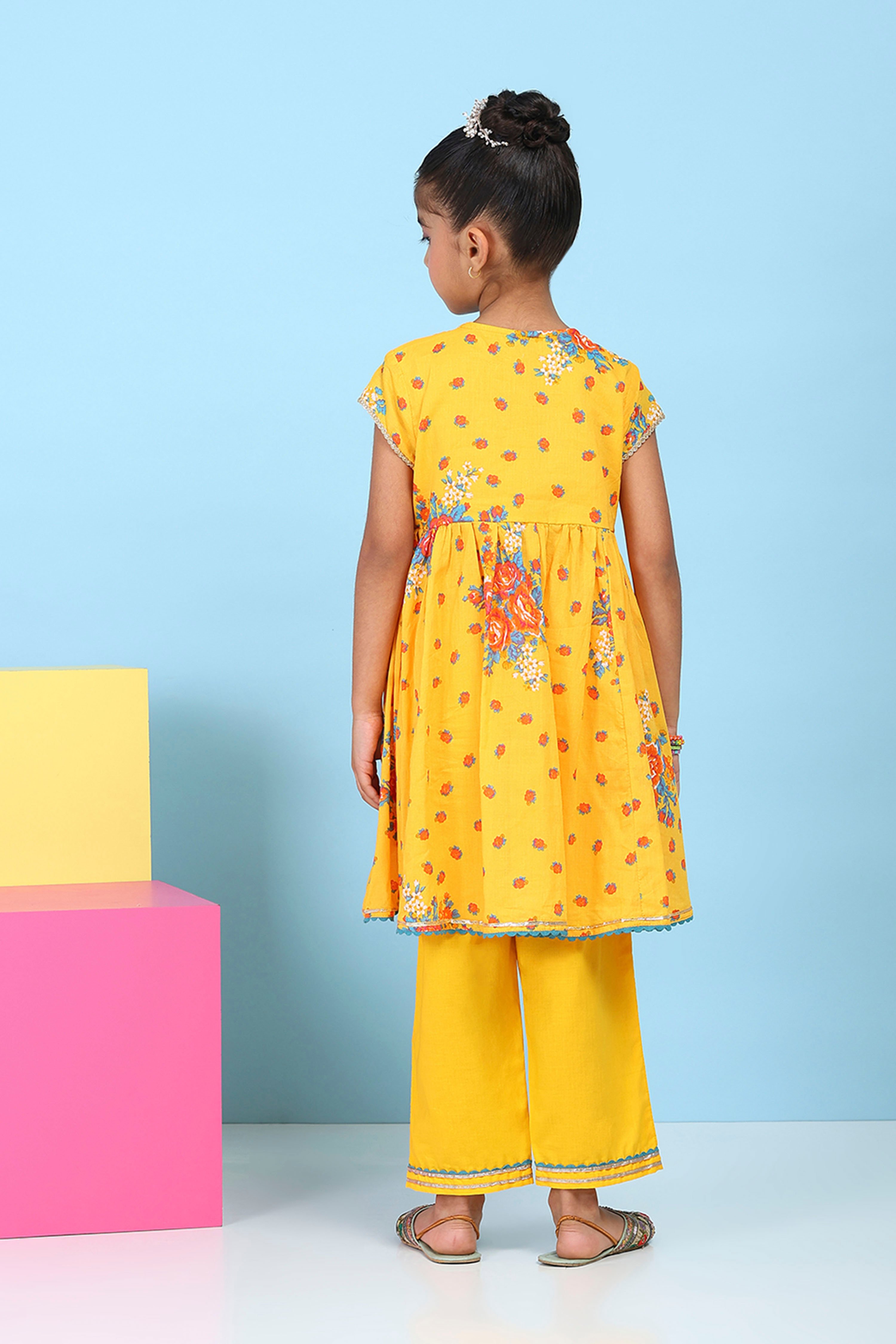 Yellow Cotton Floral Printed Anarkali Suit Set image number 4