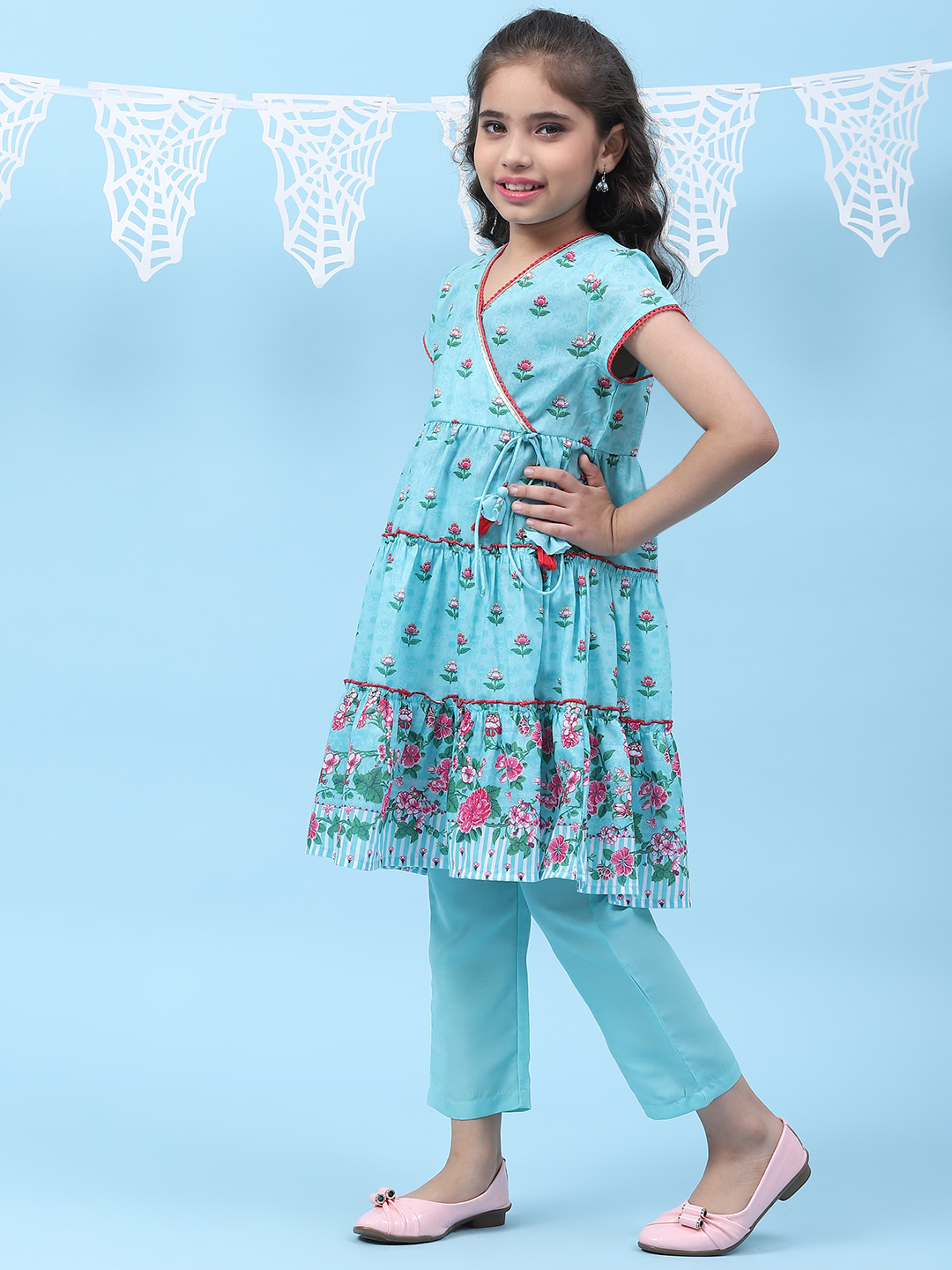Turquoise Art Silk Straight Printed Kurta image number 3