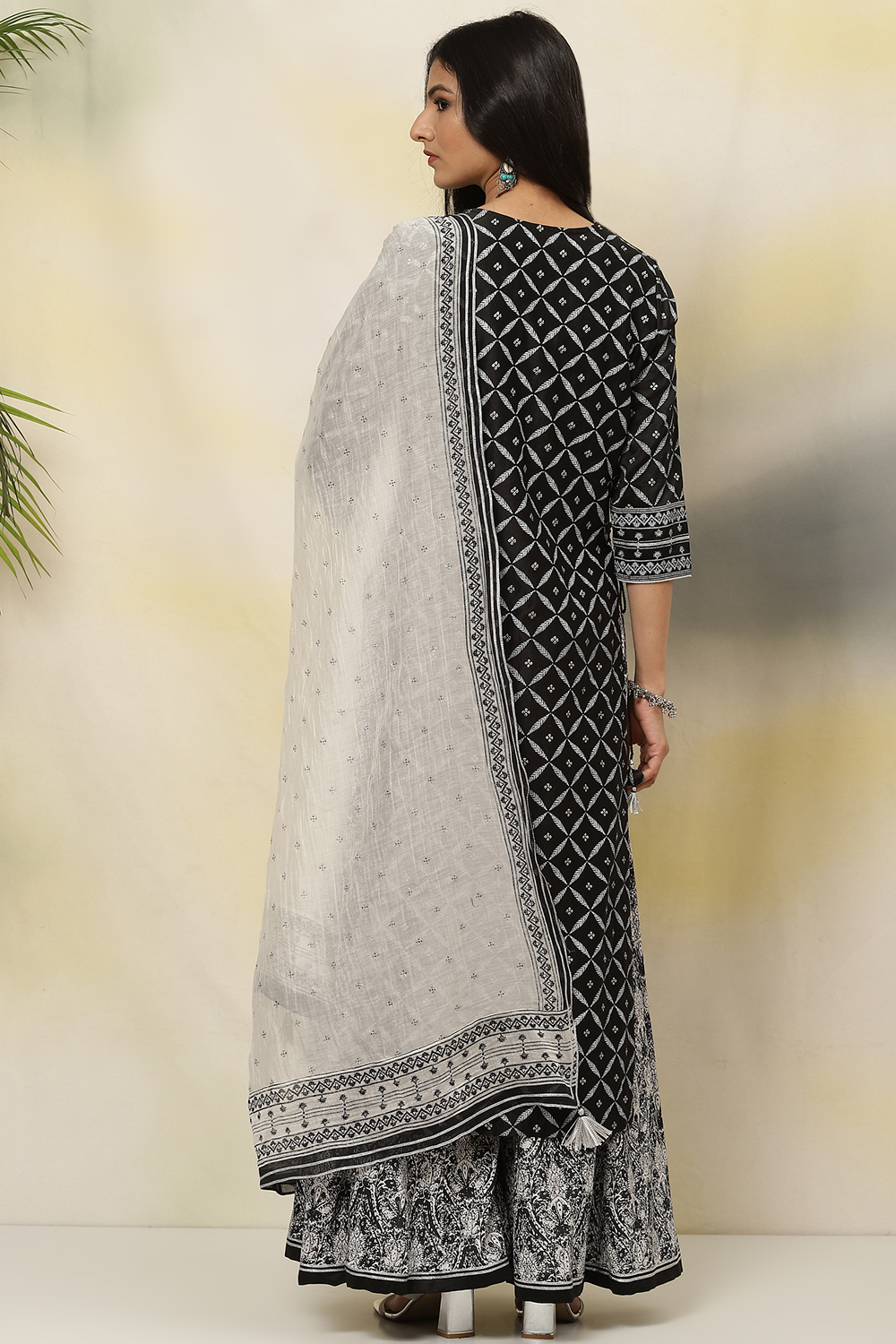 Black Straight Art Silk Kurta Sharara Suit Set image number 4