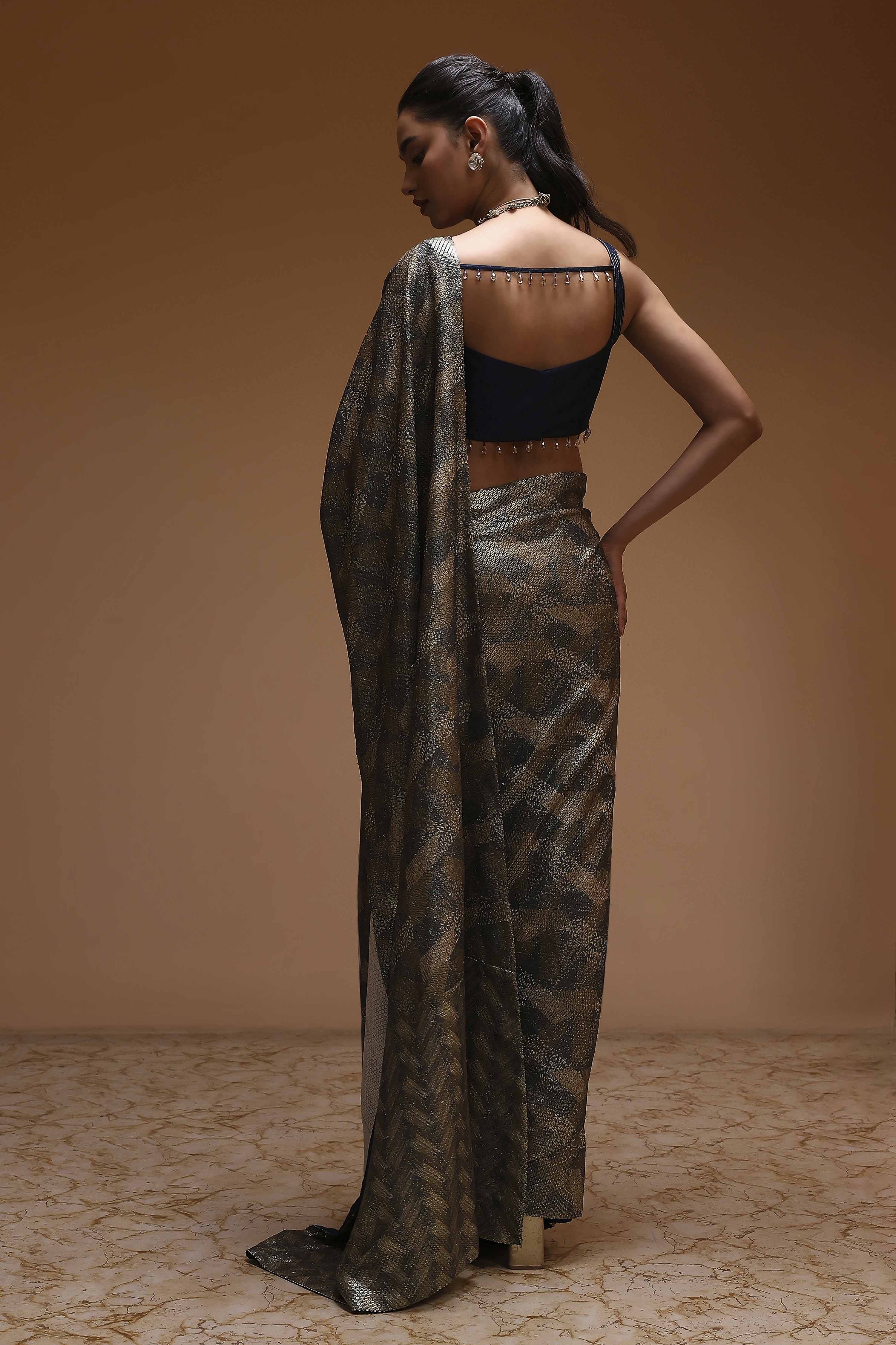 Navy Blue Georgette Digital Printed Sequence Pre-Draped Saree image number 3