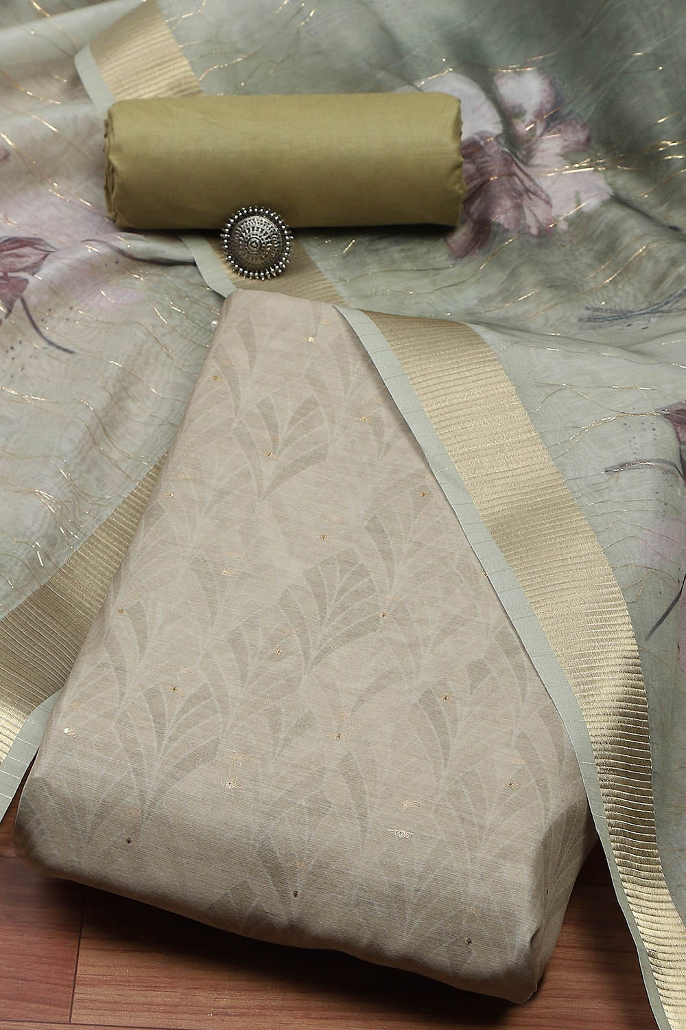 Mint Green Chanderi Double Dupatta Unstitched Suit Set image number 0