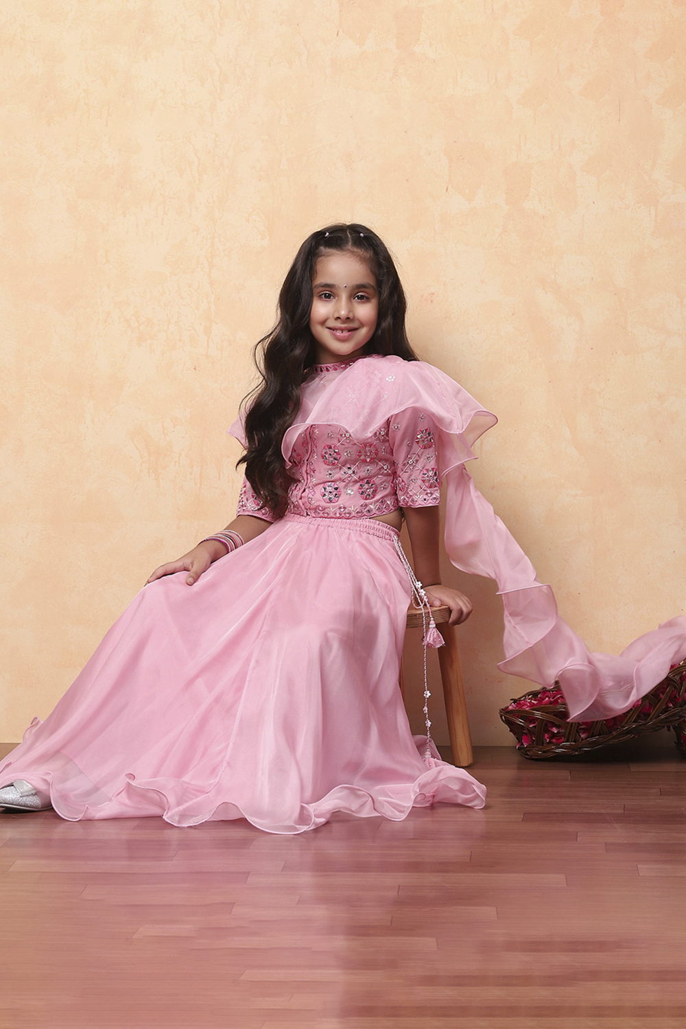 Pink Poly Chanderi Floral Mirror Work Festive Lehenga Set image number 6