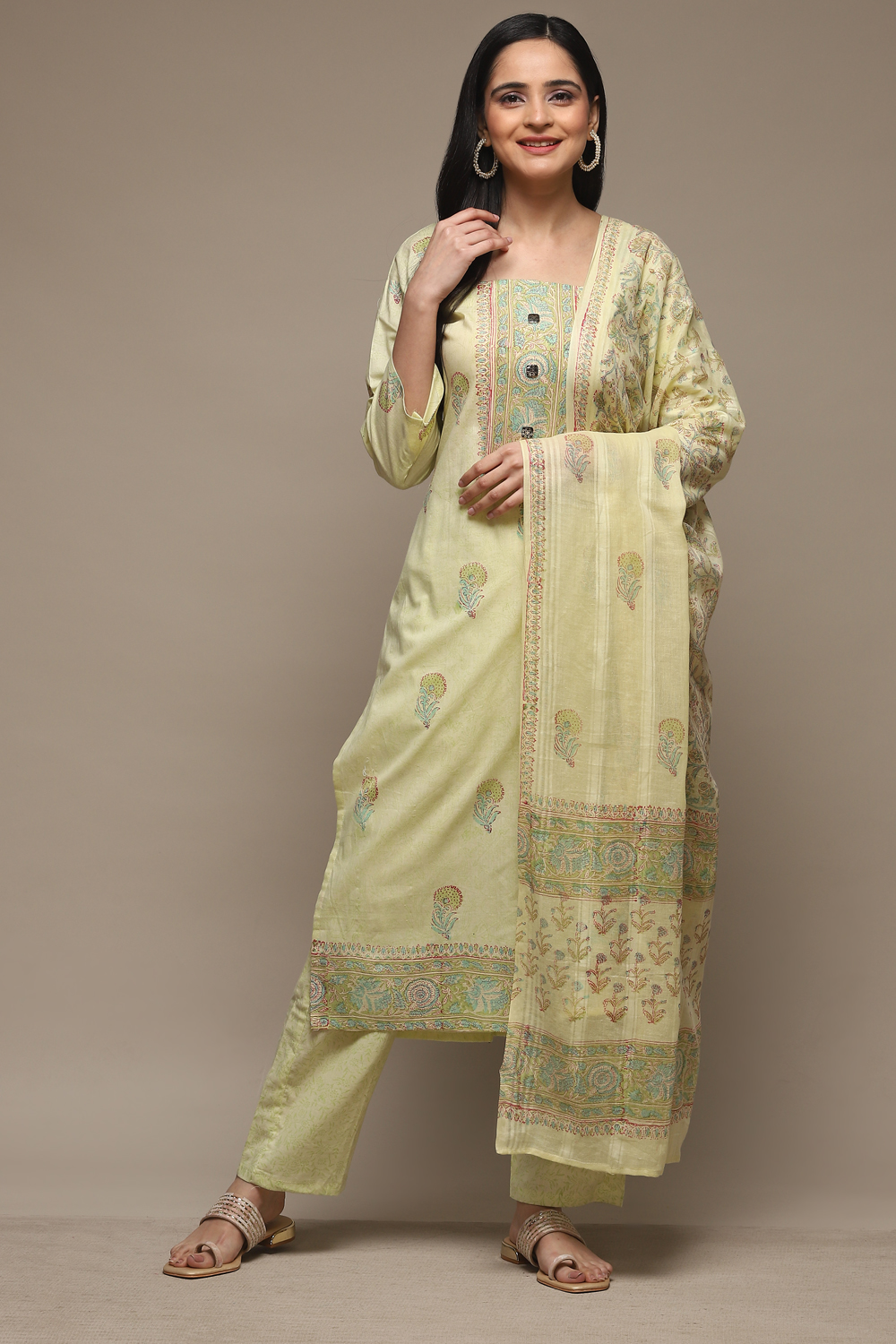 Green Cotton Hand Block Print Unstitched Suit Set image number 8