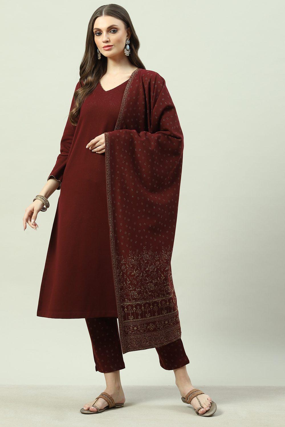 Maroon Acrylic Straight Suit Set image number 0