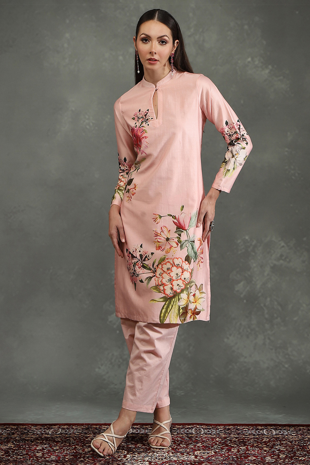 Ivory Silk Chanderi Floral Printed Straight Kurta Set image number 5