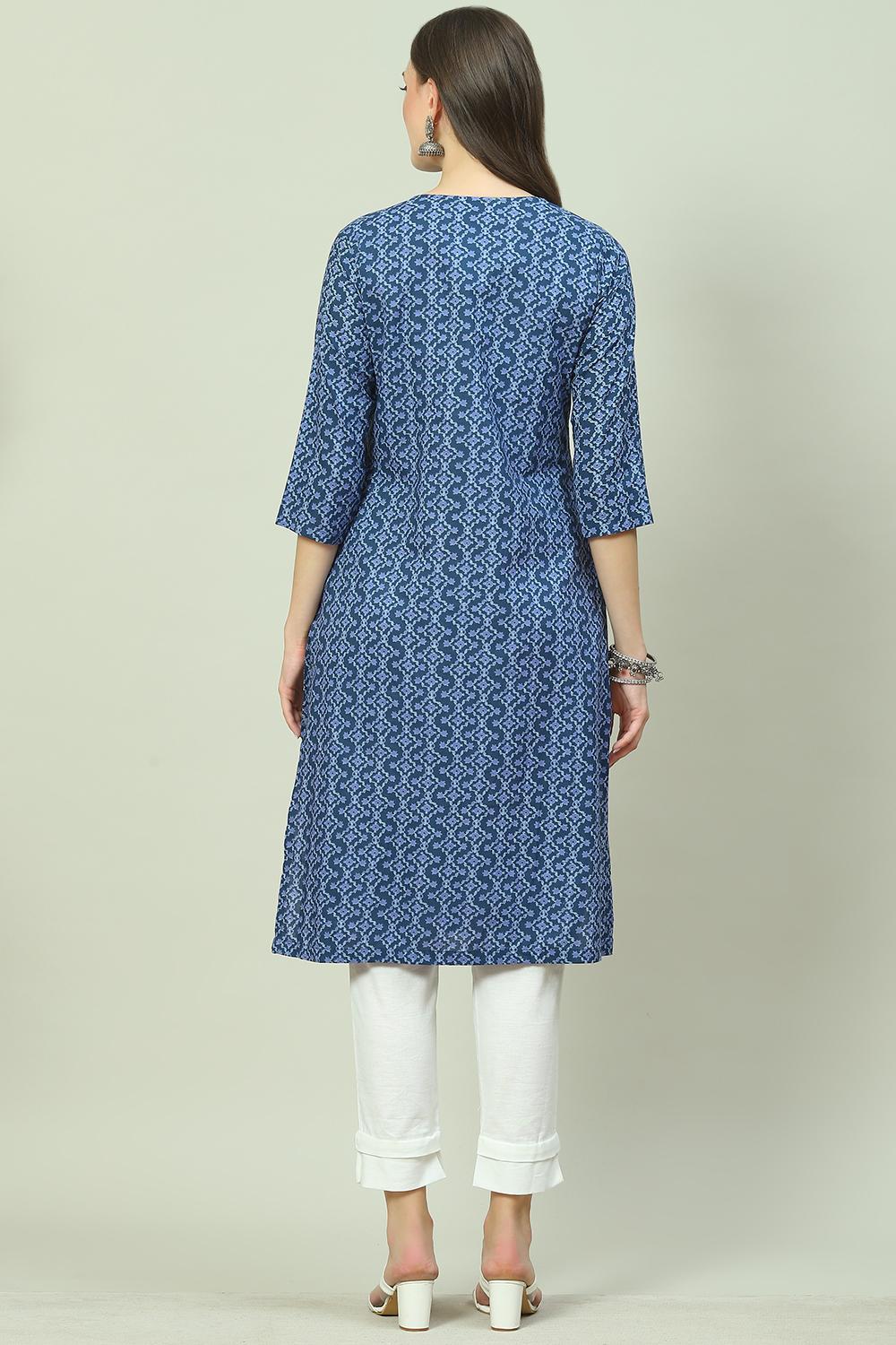 Blue Cotton A-Line Printed Kurta image number 3