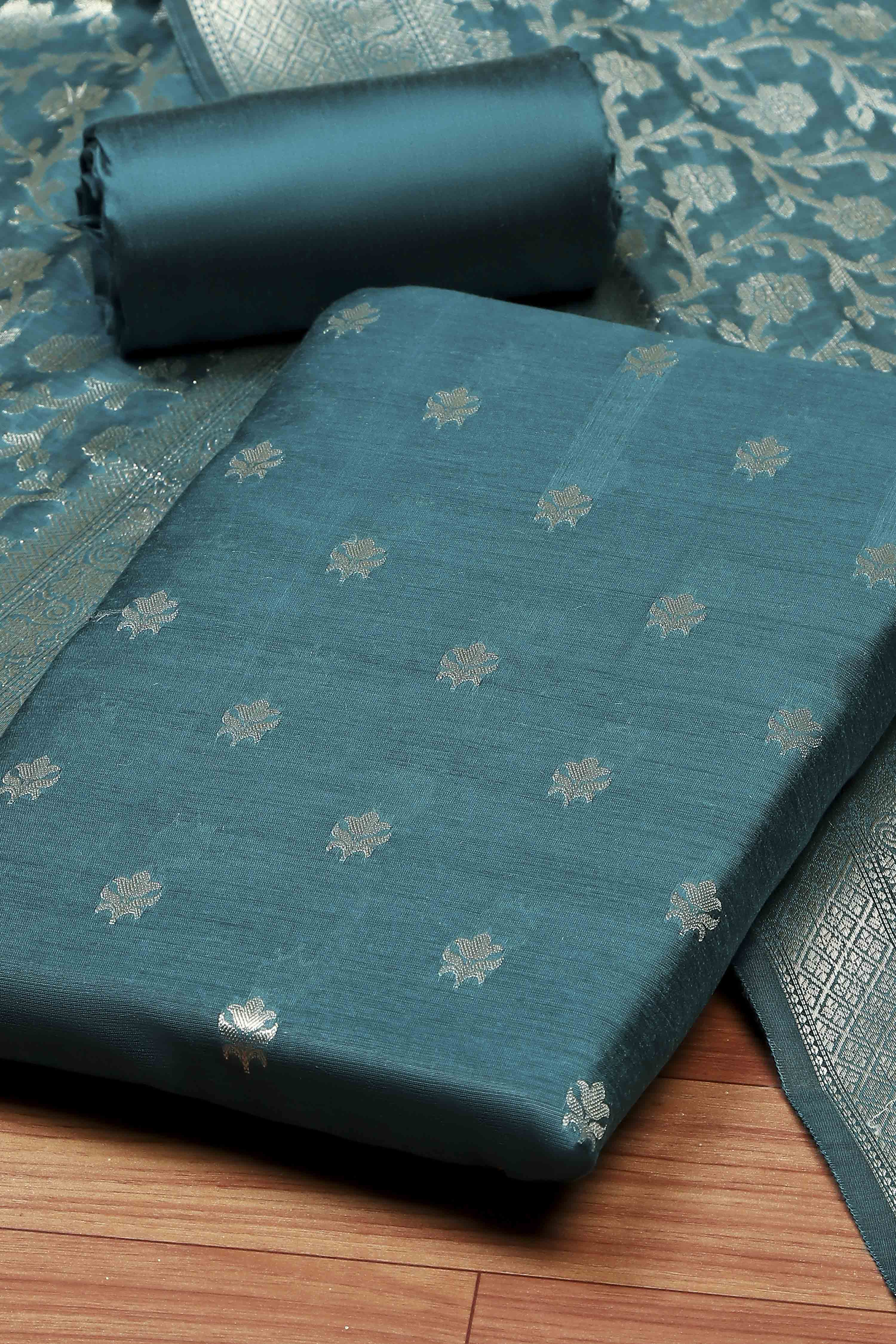 Green Black Poly Cotton Banarasi Unstitched Suit Set image number 1
