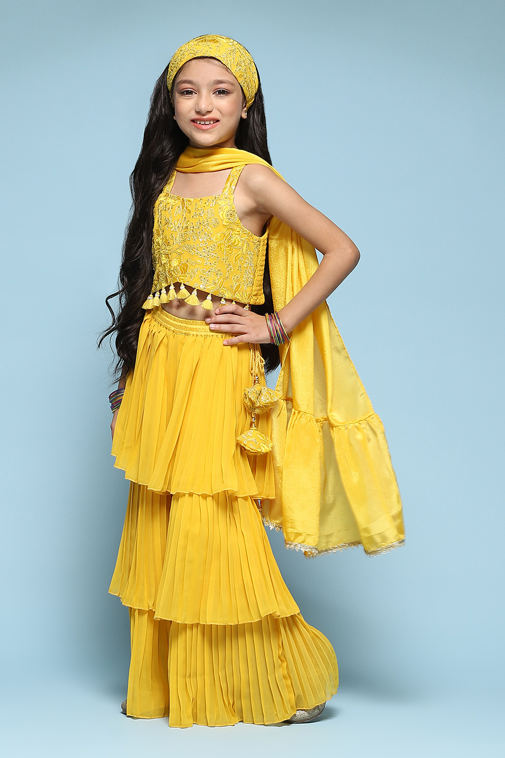 Yellow Polyester Straight Embroidered Suit Set image number 5