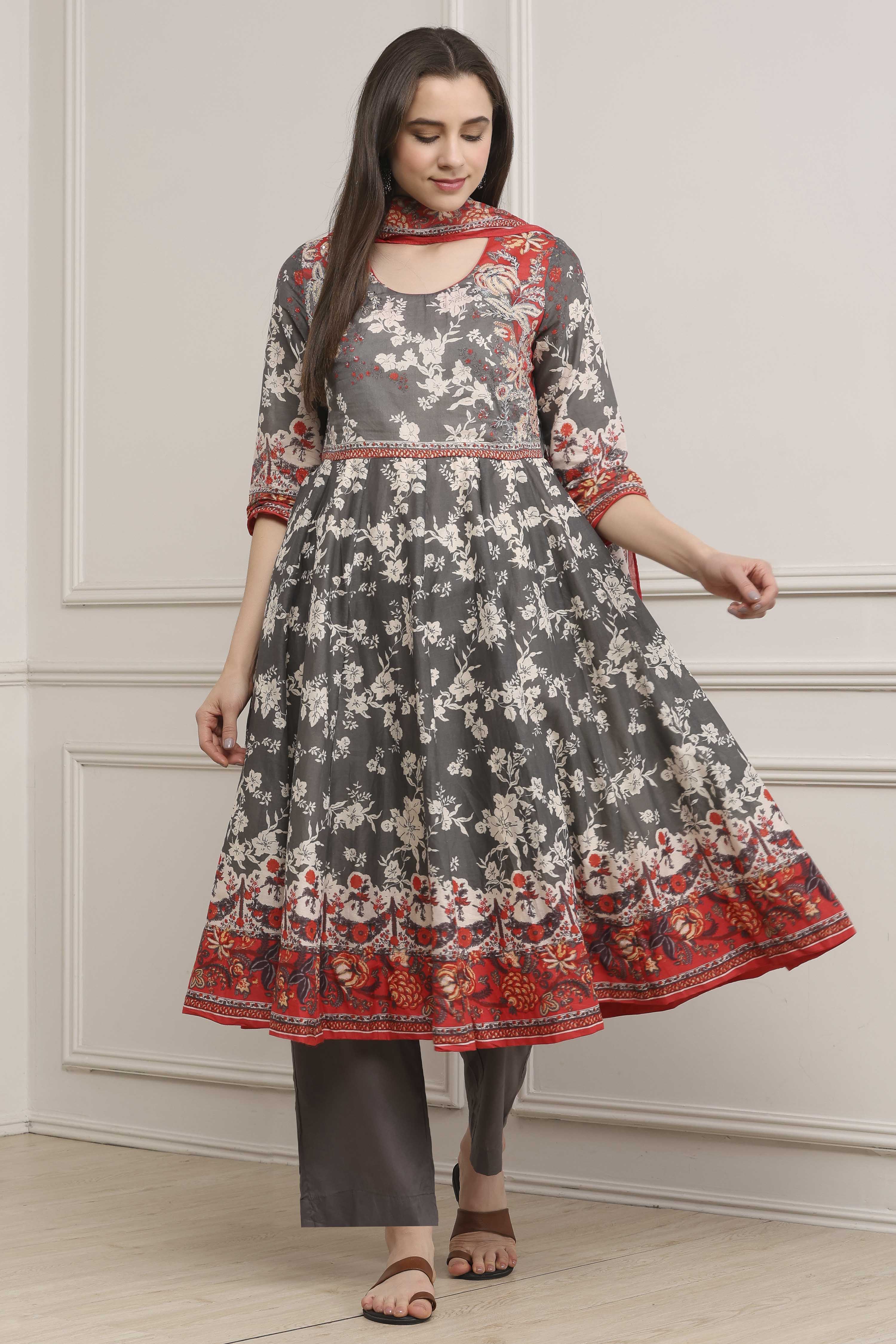 Grey Cotton Printed Anarkali Suit Set image number 6