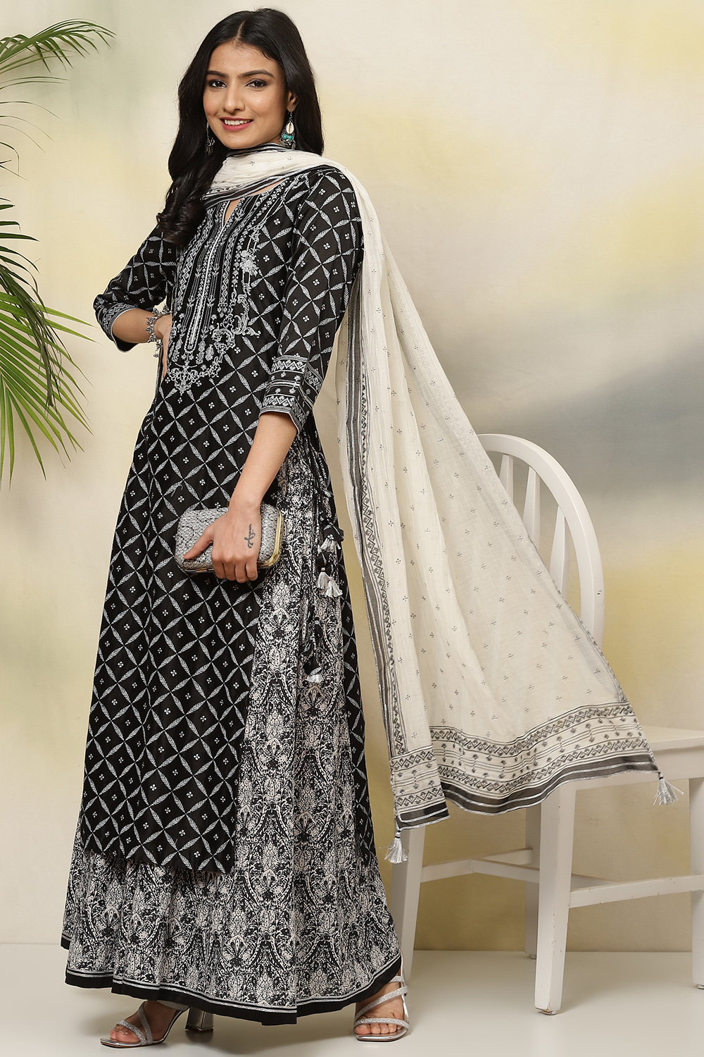 Black Straight Art Silk Kurta Sharara Suit Set image number 7