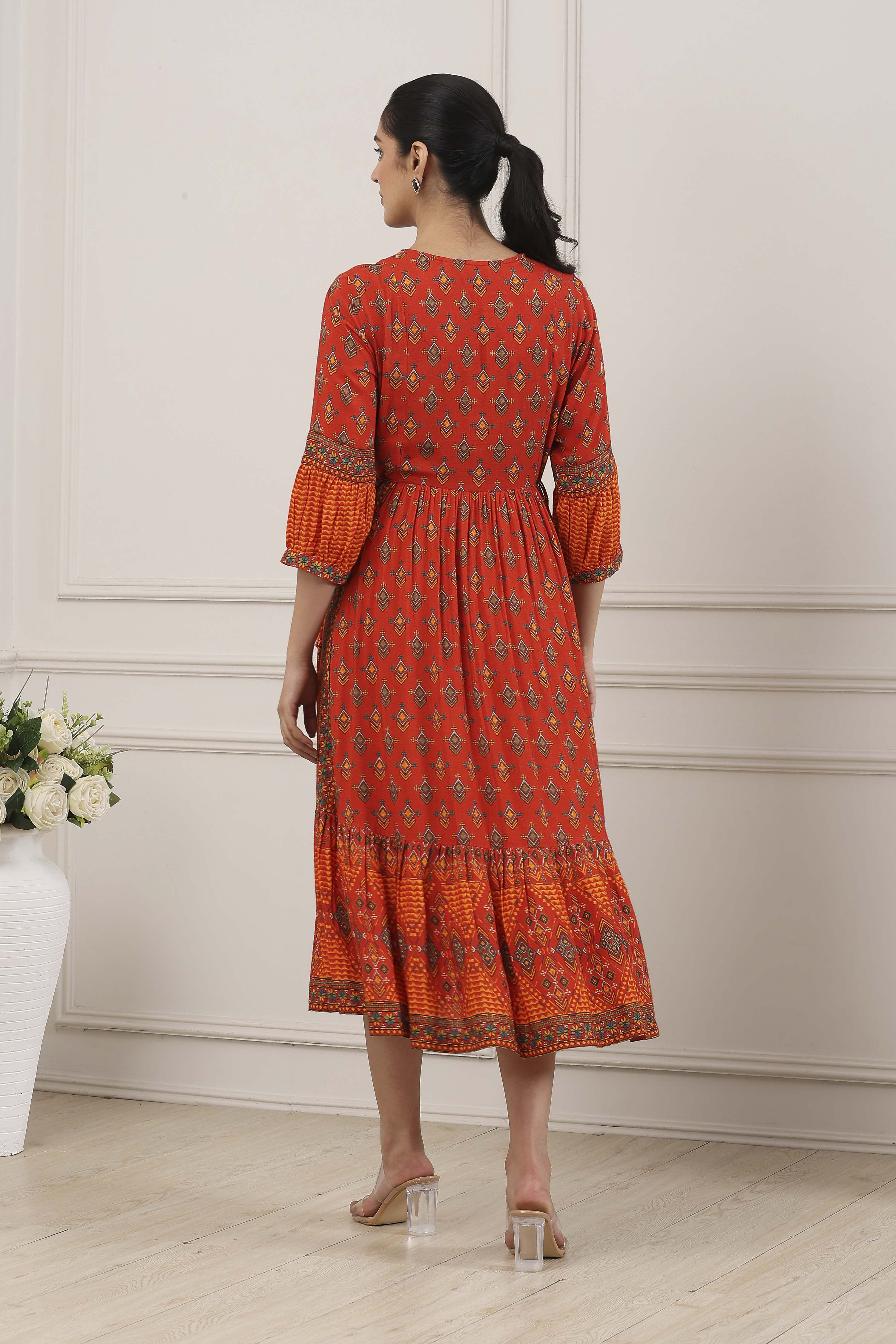 Rust Orange Ethnic Motif Printed Midi Dress image number 3