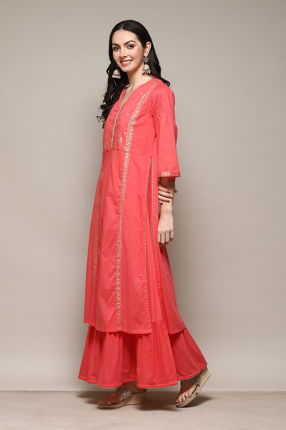 Green Cotton Flared Printed Kurta image number 3