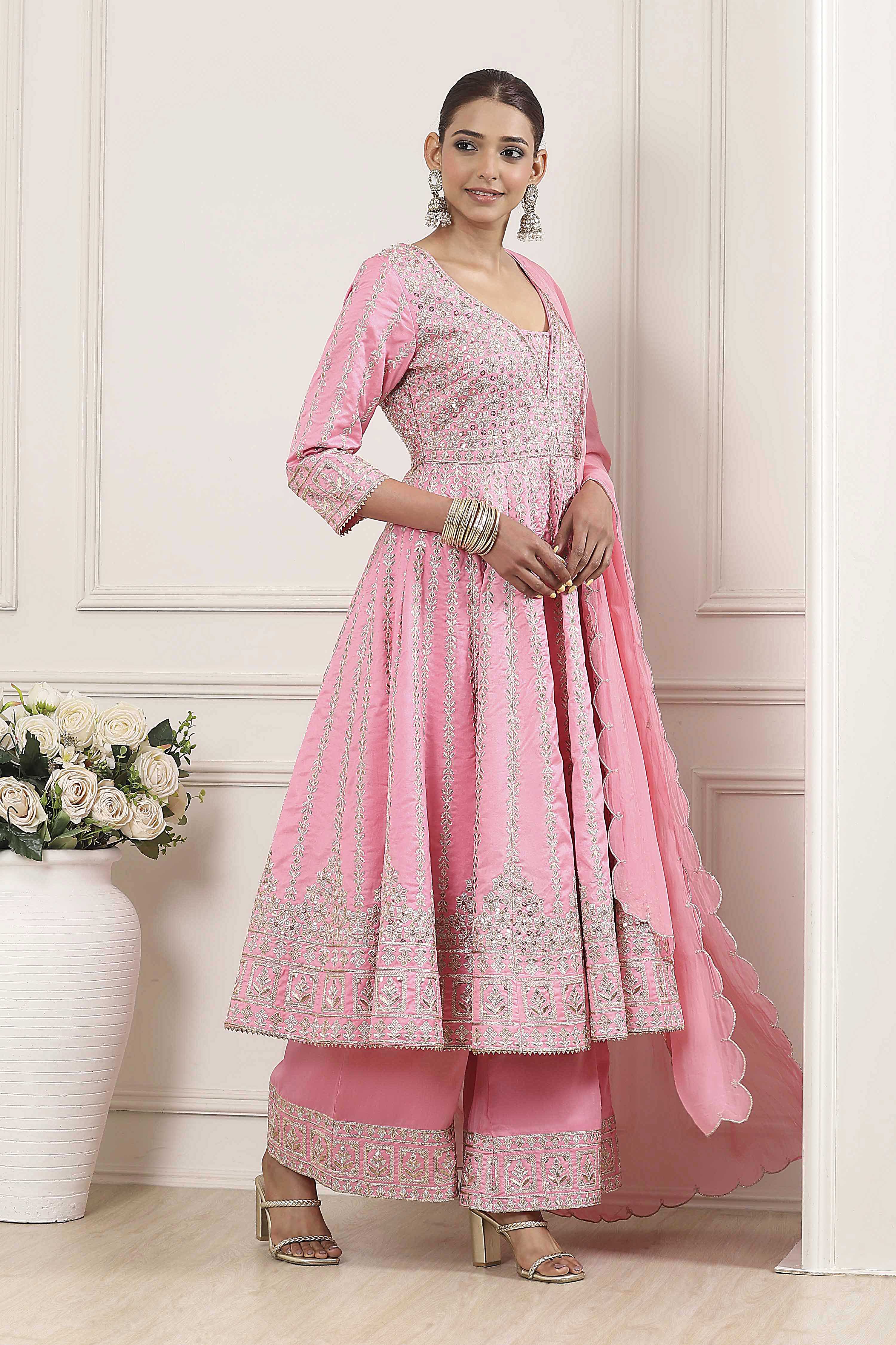 Rose Pink Cotton Silk Anarkali Suit Set image number 0