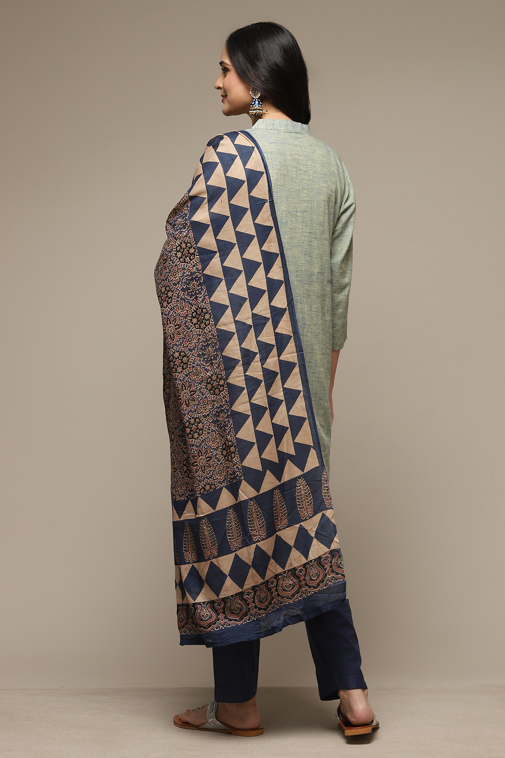 Green Cotton Hand Block Print Unstitched Suit Set image number 4
