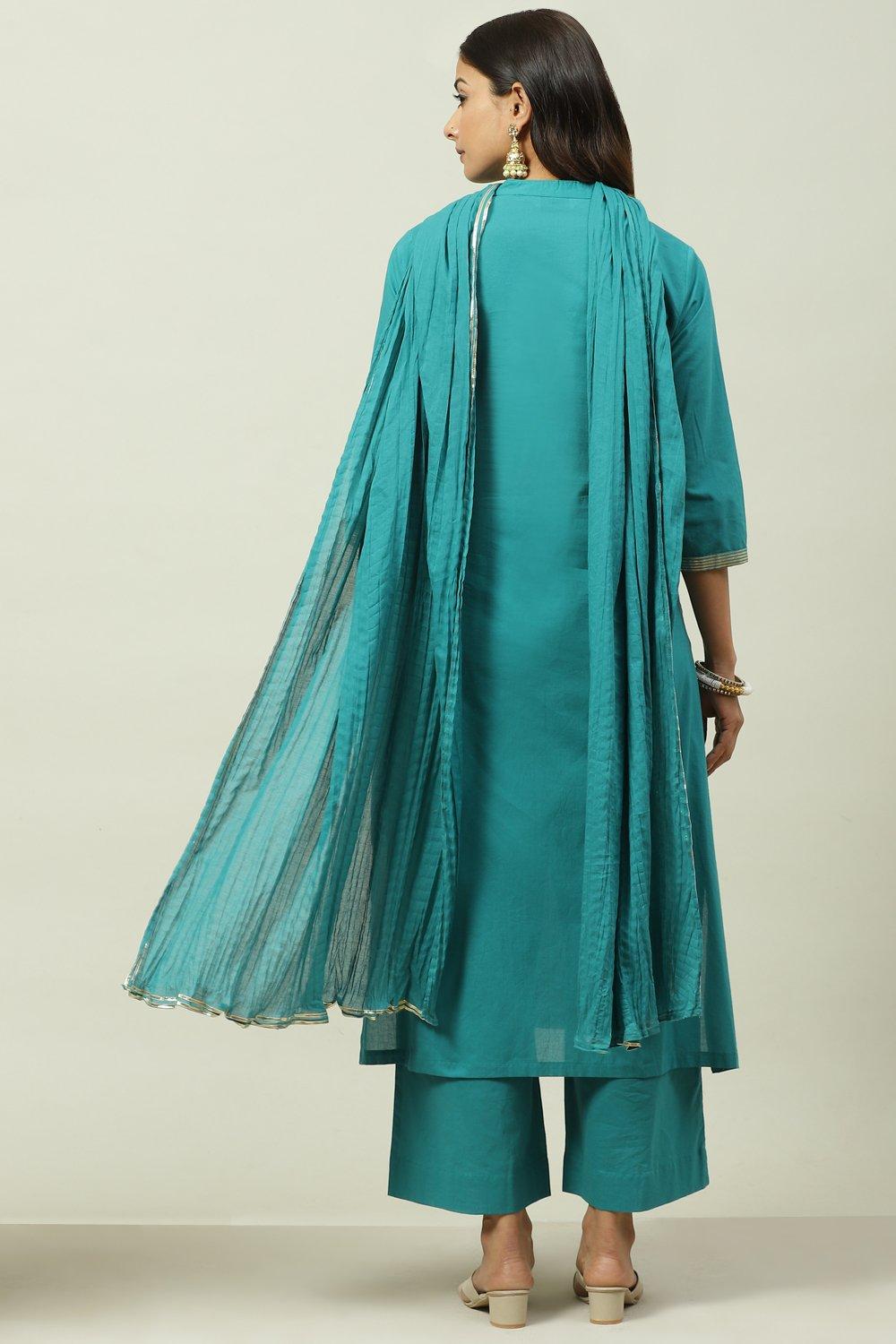 Navy Cotton Straight Kurta Palazzo Suit Set image number 4