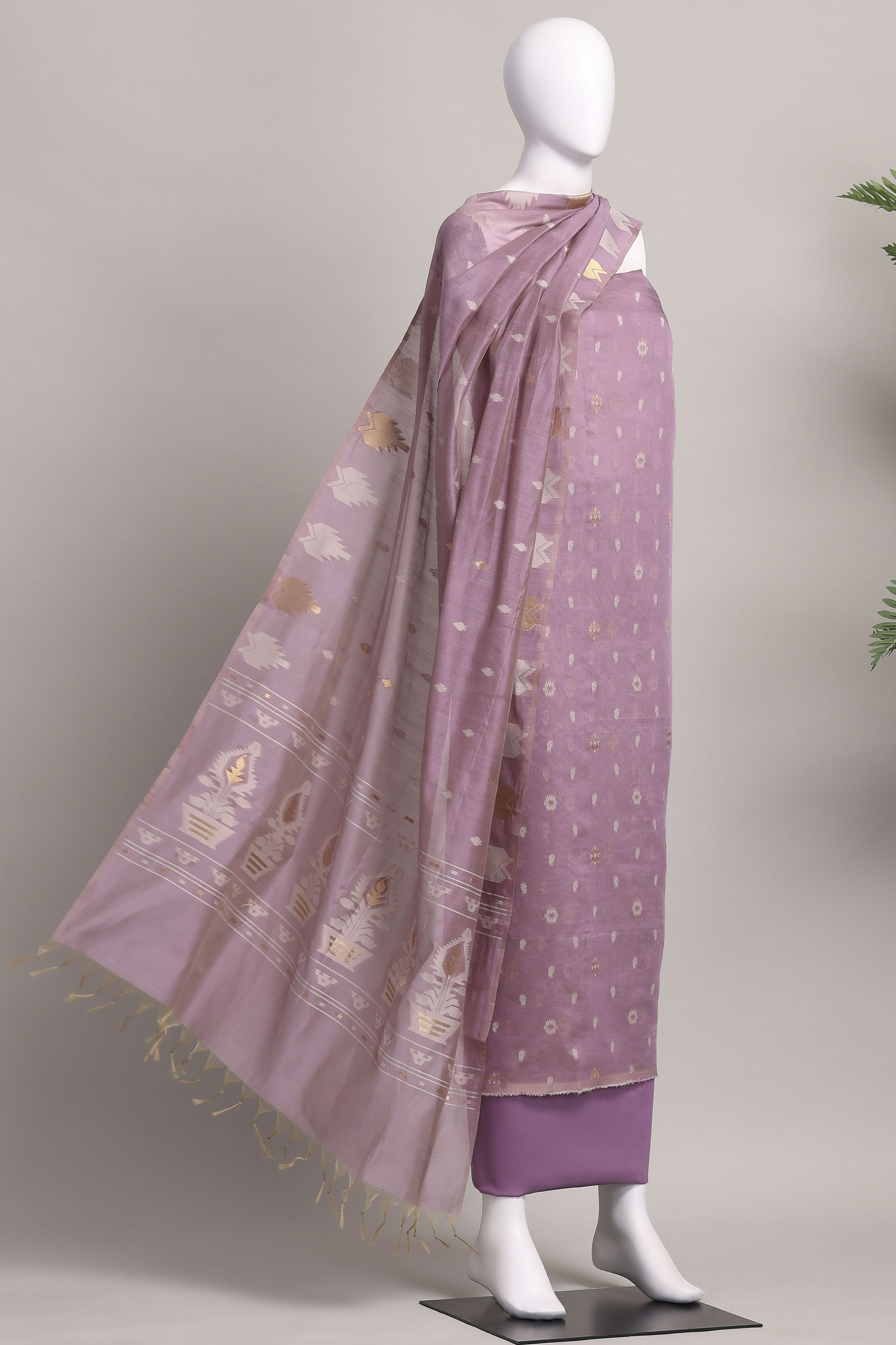 Light Blue Cotton Jamdani Unstitched Suit Set image number 4