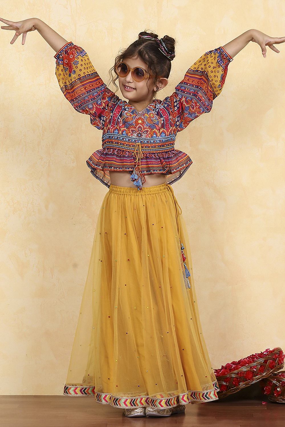 Yellow Polyester Printed Kalidar Lehenga Set image number 0