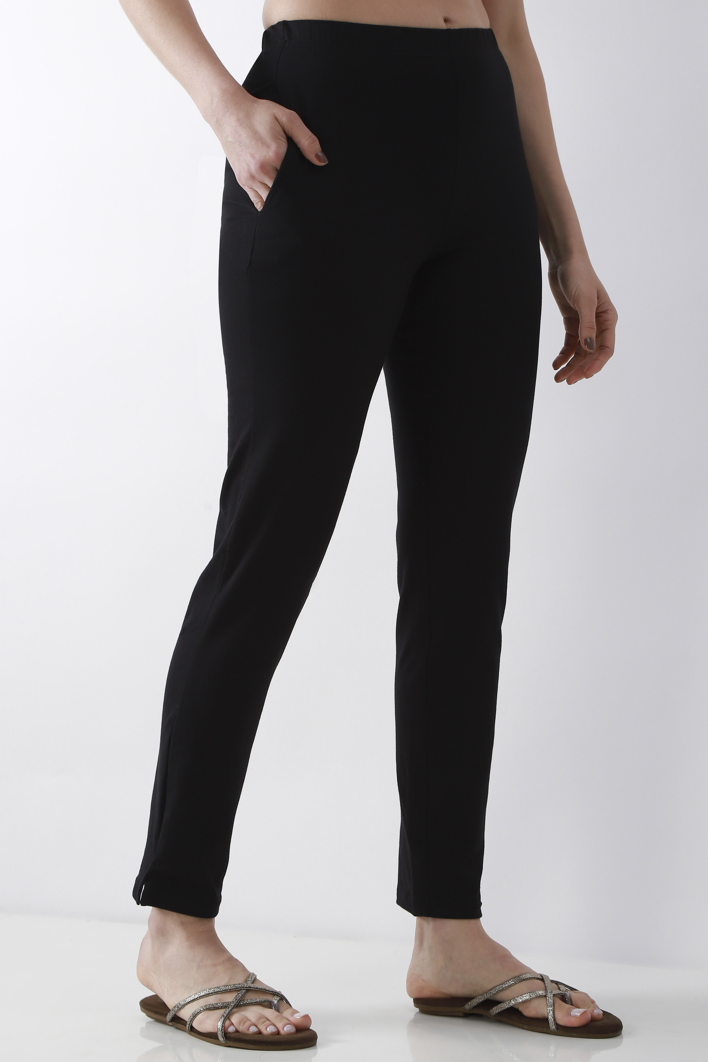 Navy Blue Solid Cotton Lycra Straight Pants image number 3