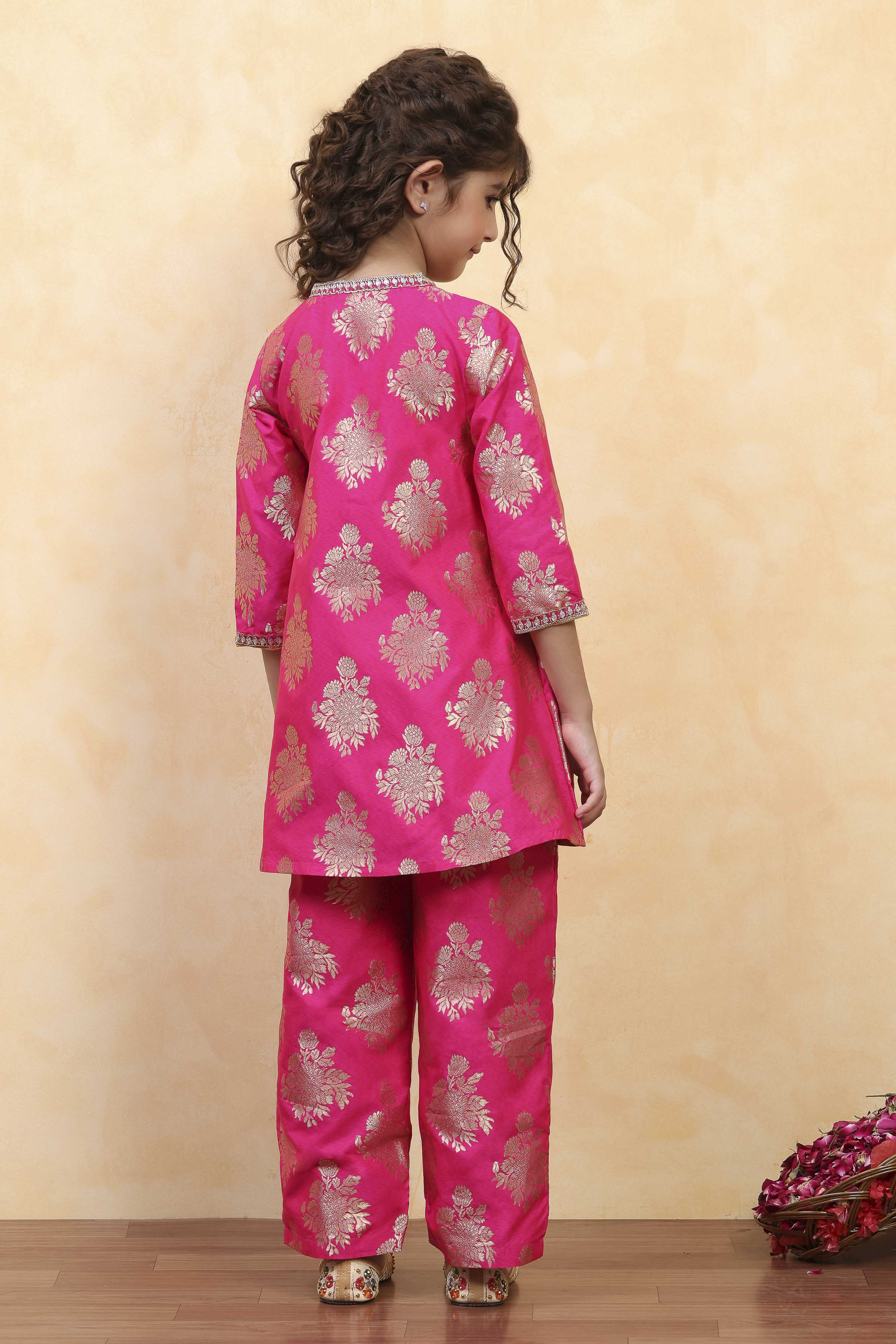 Fuchsia Art Silk Flared Kurta Pants Set image number 4