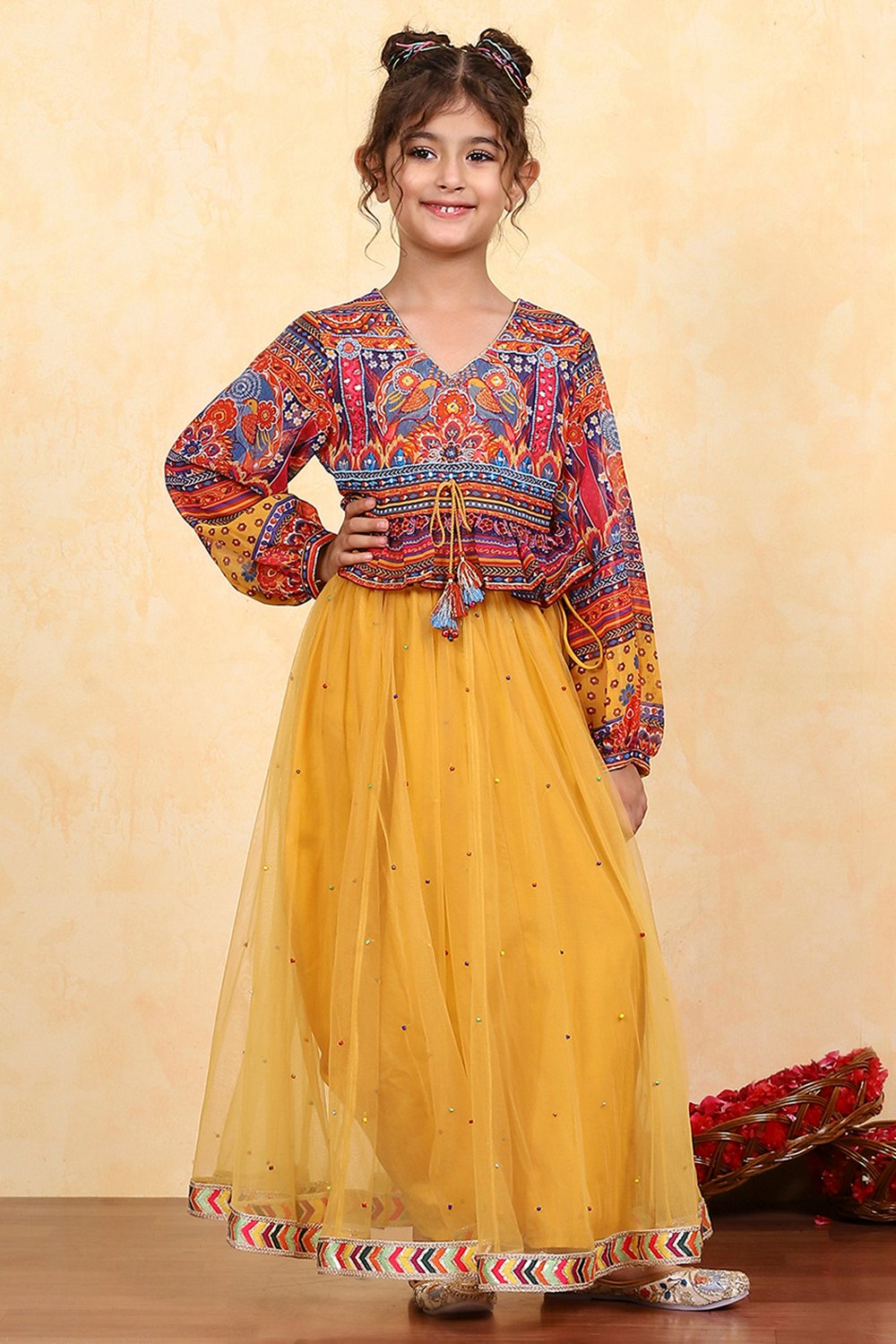 Yellow Polyester Printed Kalidar Lehenga Set image number 6