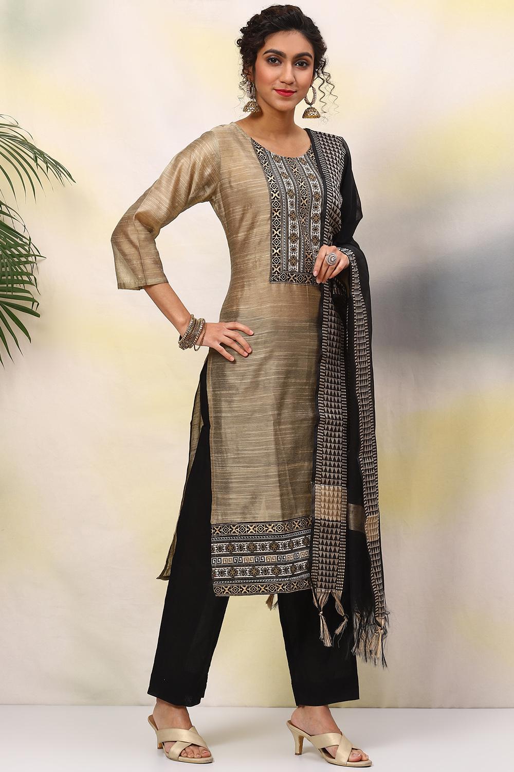 Beige Cotton Handloom Unstitched Suit Set image number 6