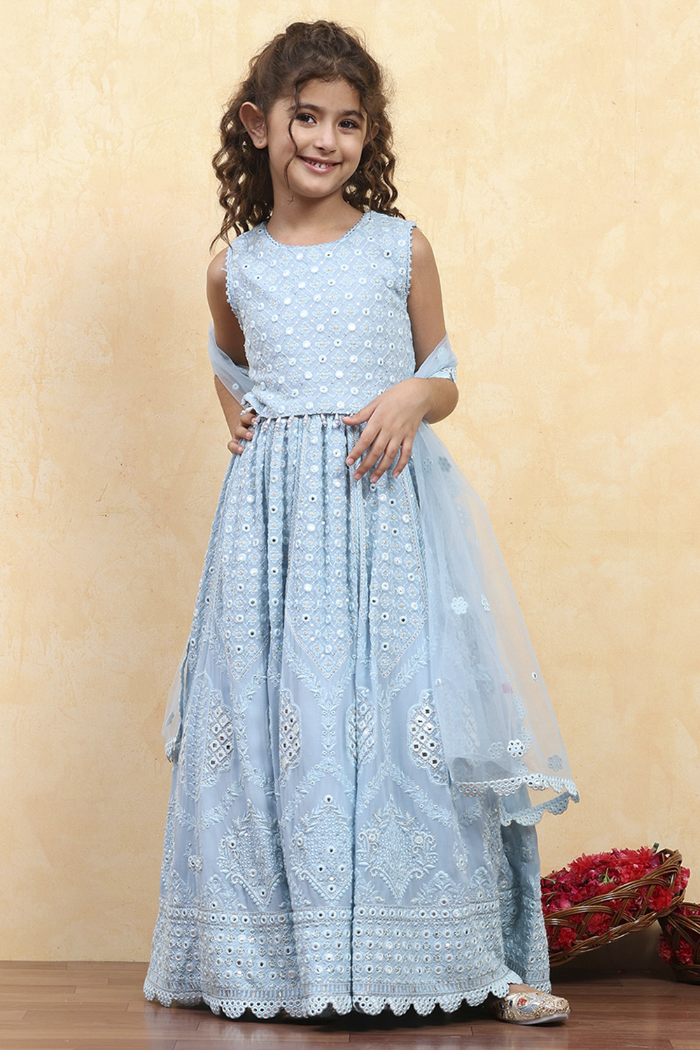 Blue Viscose Embroidered Kalidar Lehenga Set image number 6