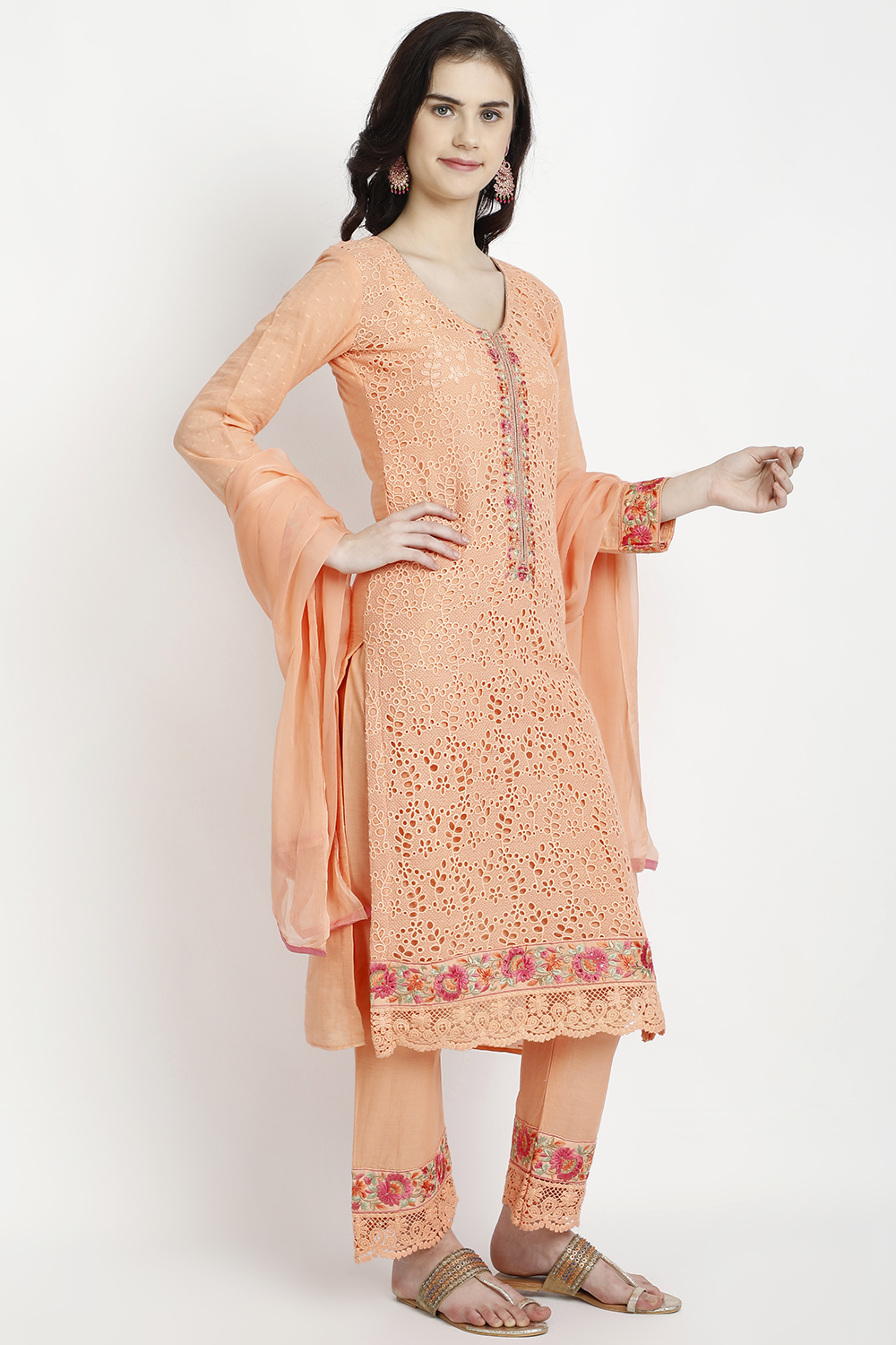 Orange Chanderi Silk Unstitched Suit Set image number 3