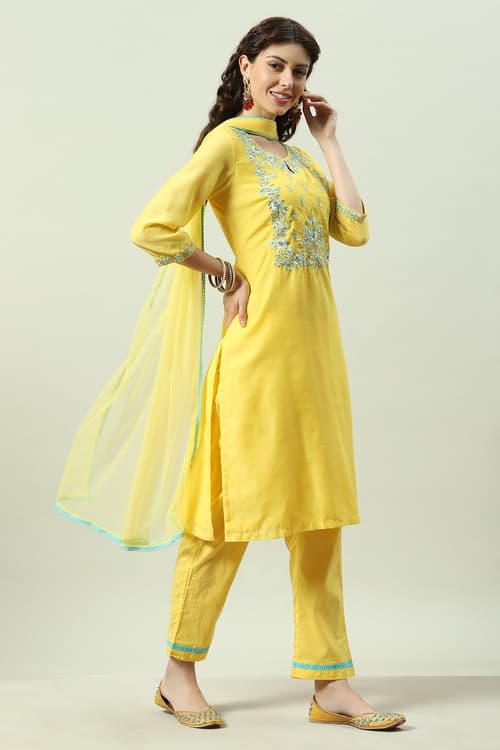 Yellow Cotton Blend A-Line Kurta Pants Suit Set image number 6