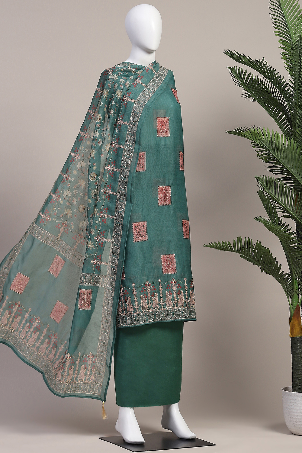 Green Chanderi Hand Embroidered Unstitched Suit Set image number 4