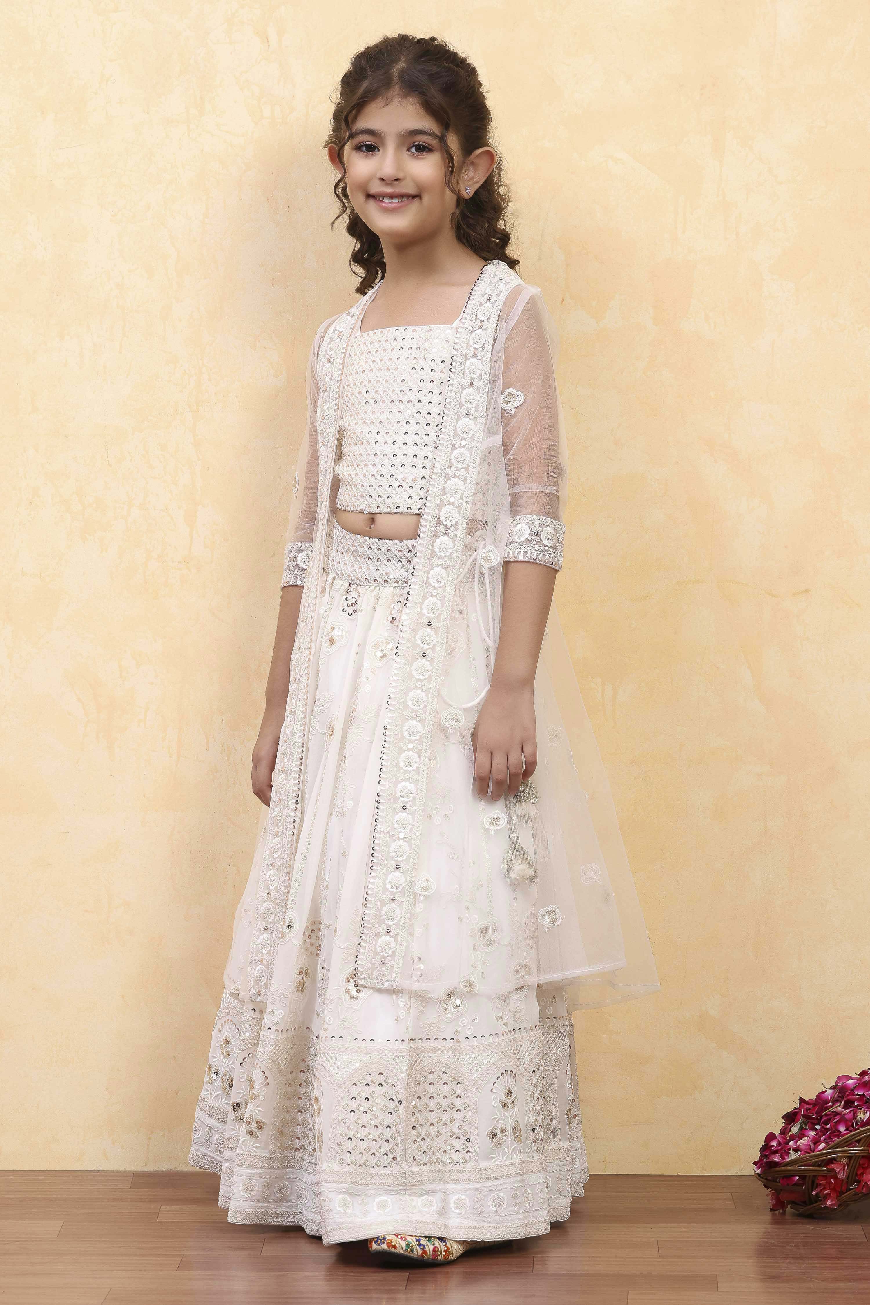 White Polyester Dyed Kalidar Lehenga Set image number 3