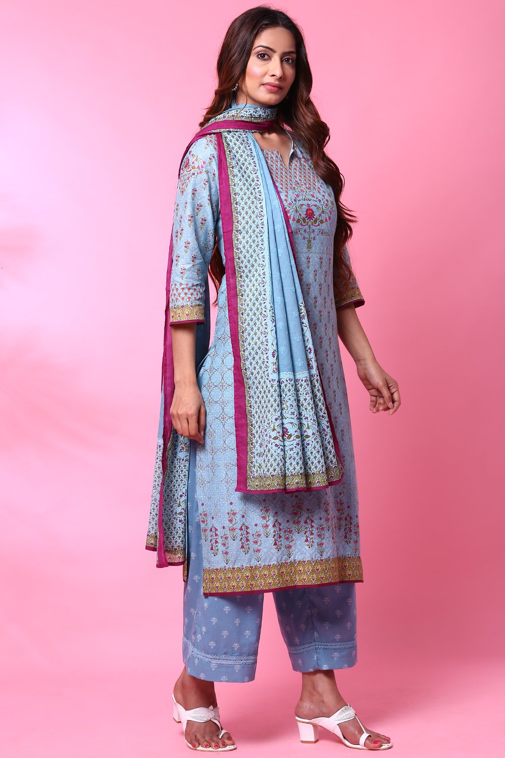 Beige Cotton Straight Kurta Palazzo Suit Set image number 6