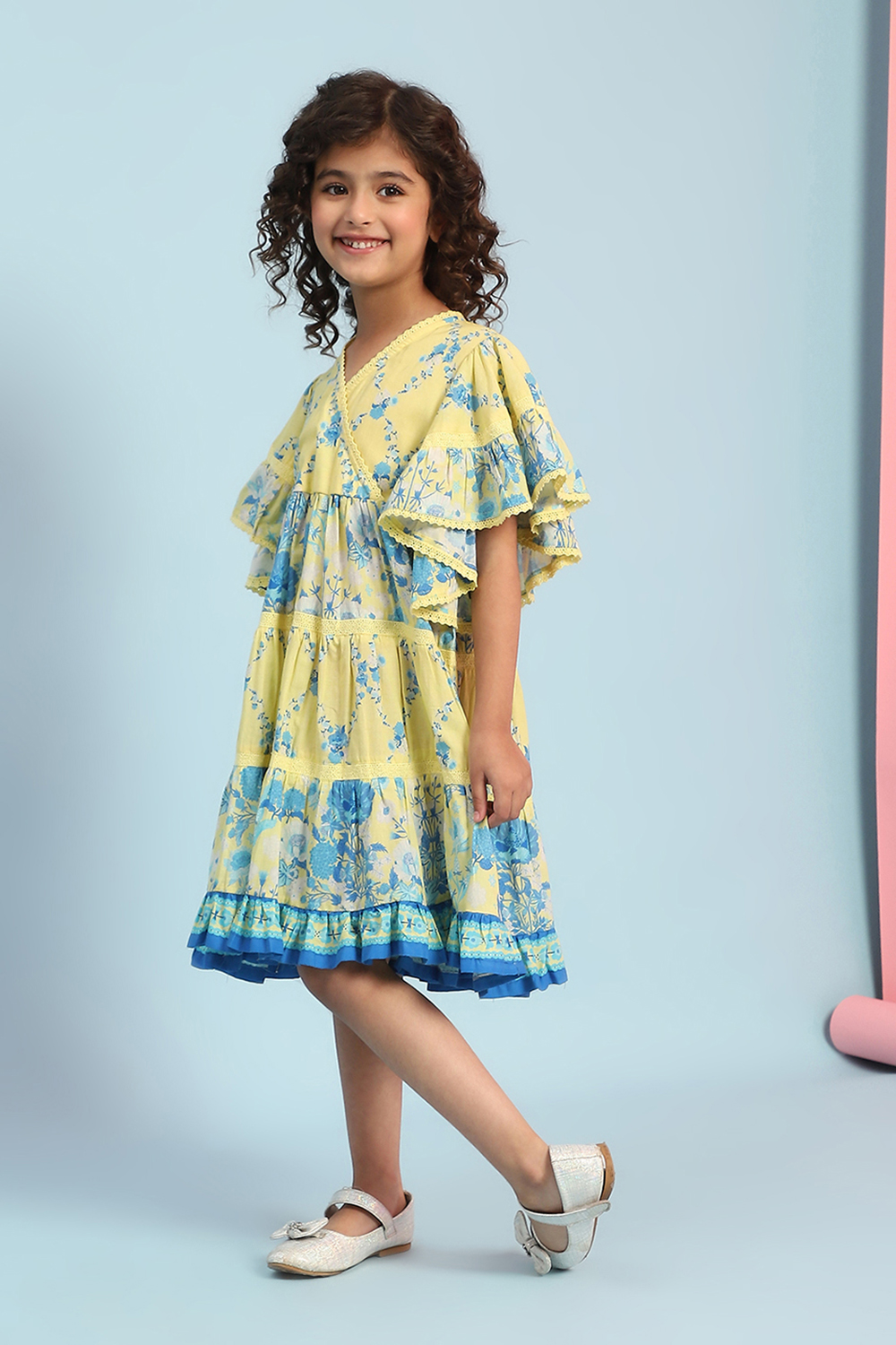 Yellow Cotton Printed Tiered Dress image number 2