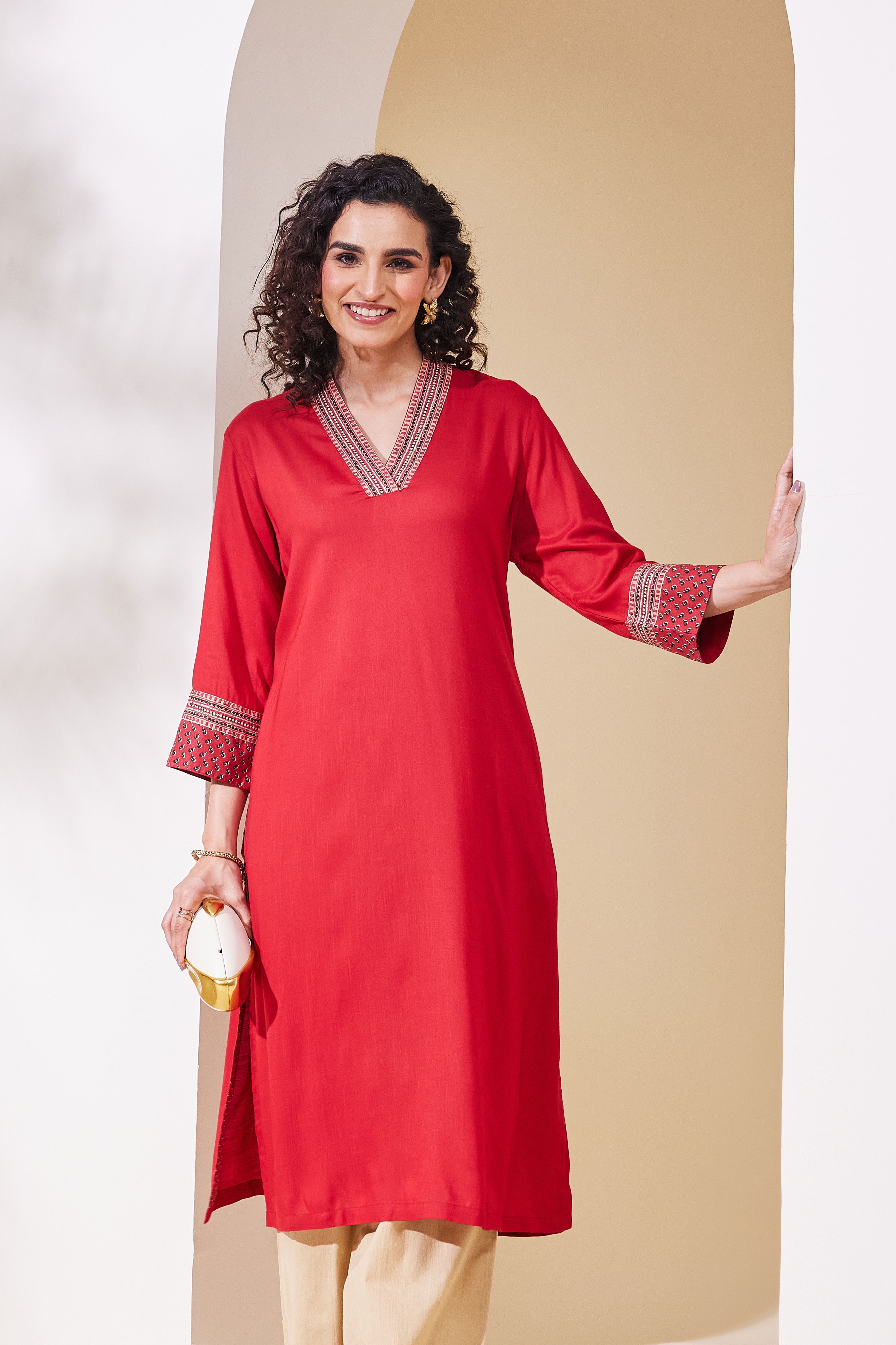 Red Viscose Rayon Straight Kurta image number 6