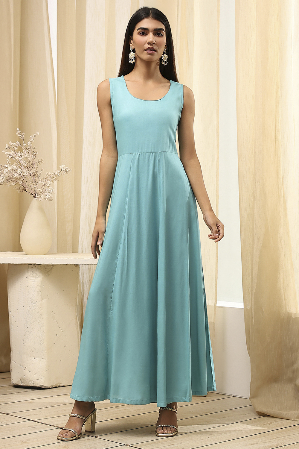 Earthy Brown Printed Layered Cape Dress image number 2