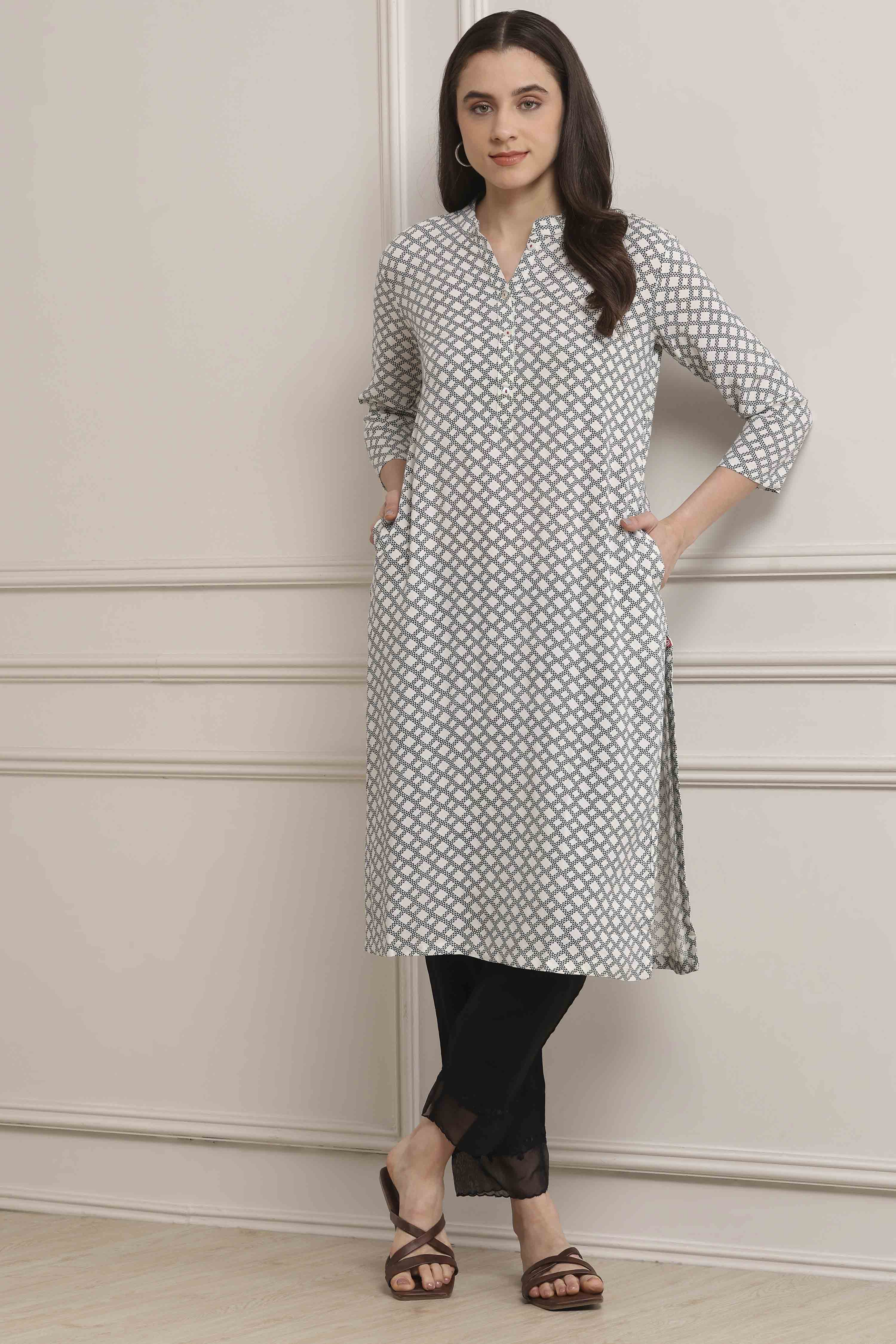 Black-White Viscose Rayon A-Line Kurta Pants Set image number 0