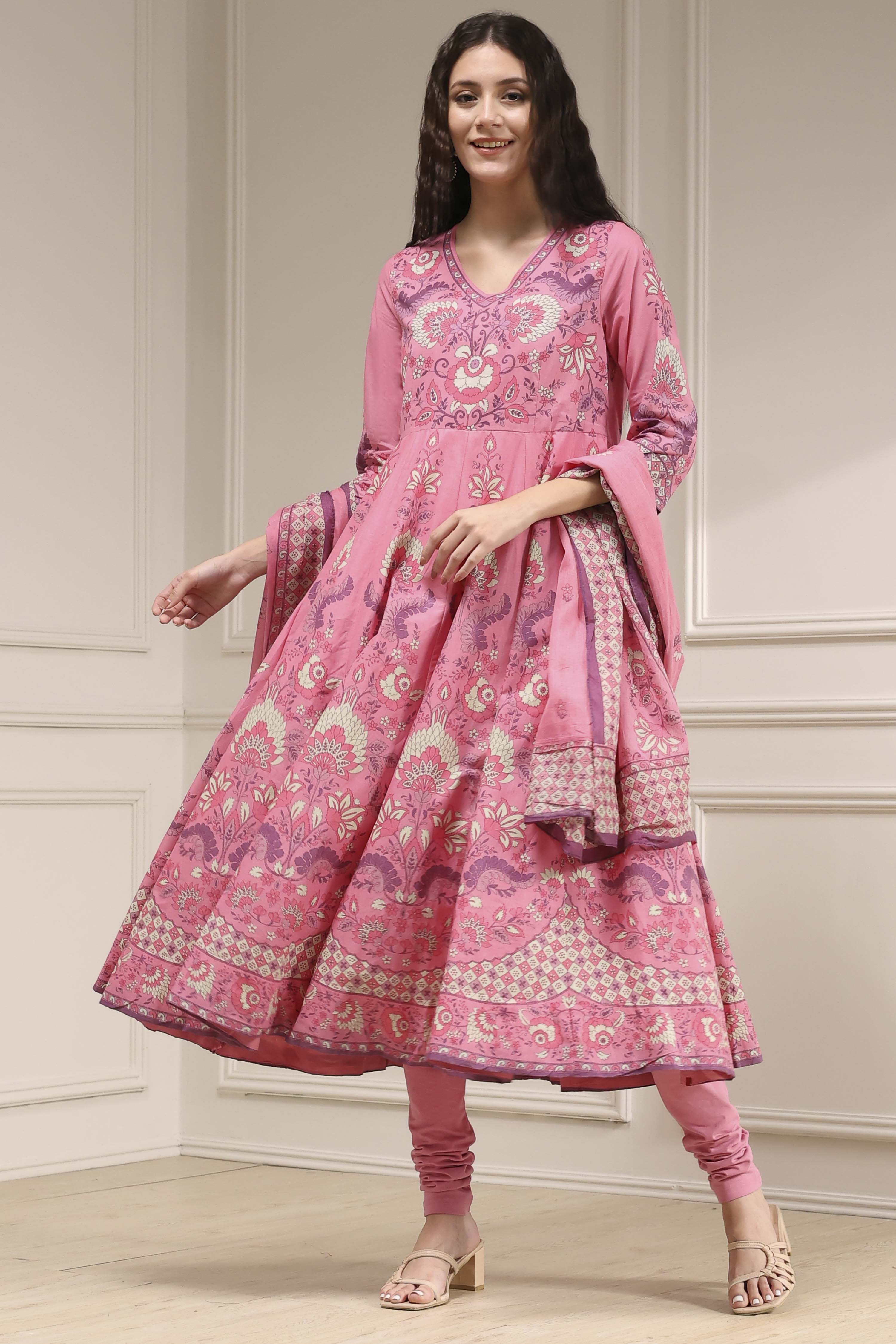Light Pink Cotton Printed Anarkali Suit Set image number 0