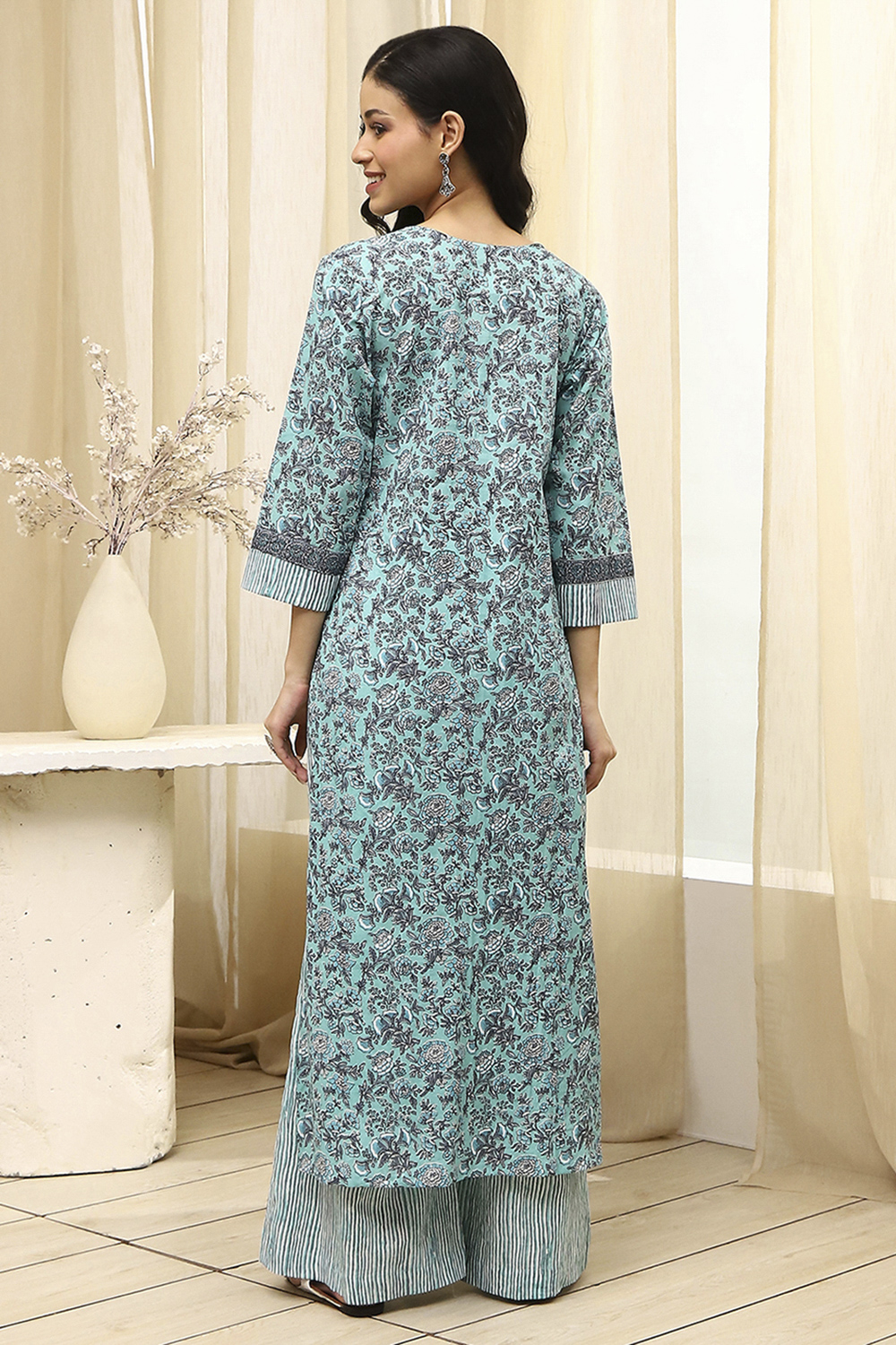 Turquoise Cotton Hand Block Print Unstitched Suit Set image number 6