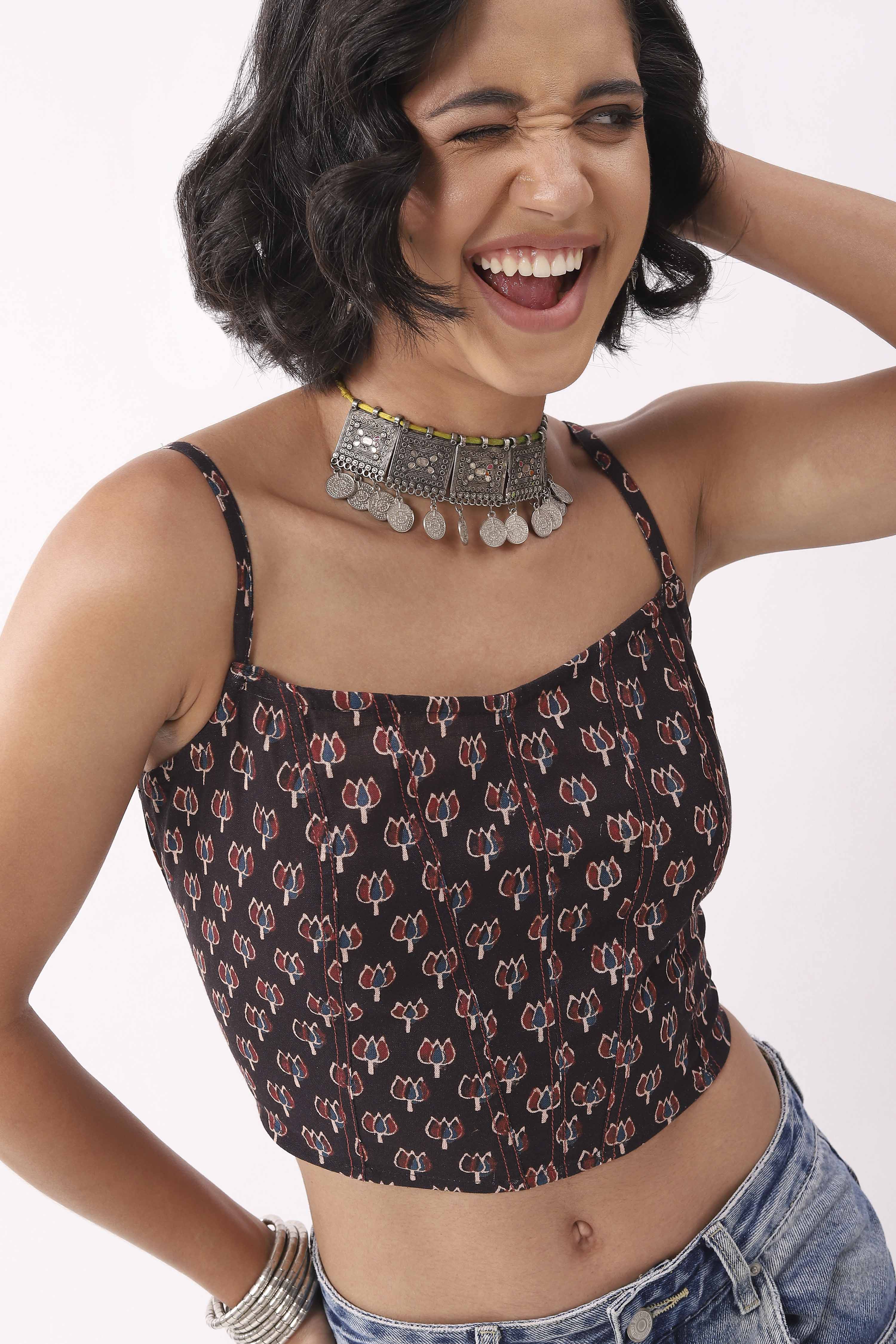 Black & Blue Cotton Floral Tie-Up Back Crop Top image number 1