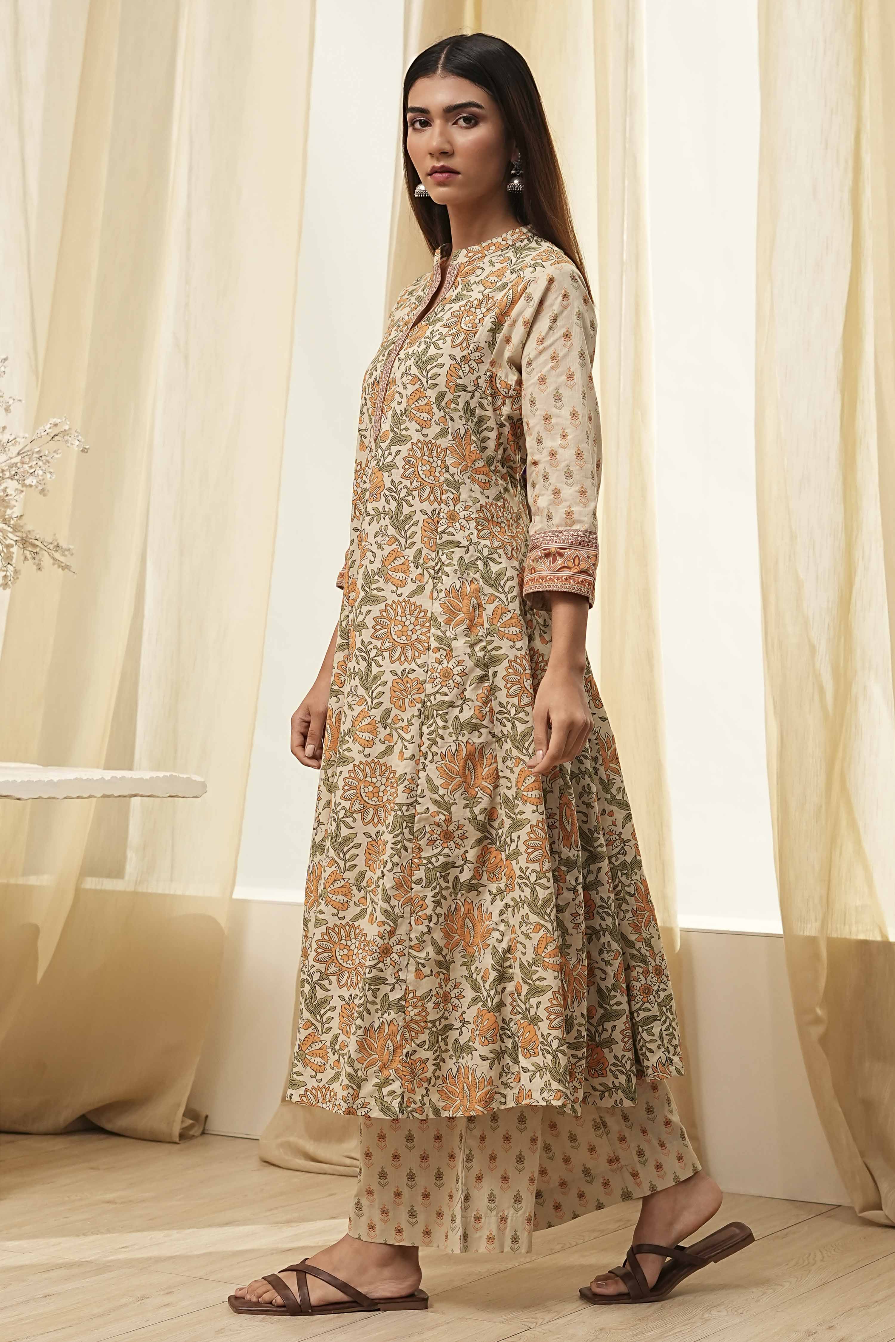 Beige Pure Cotton Floral Kalidar Kurta Set image number 3