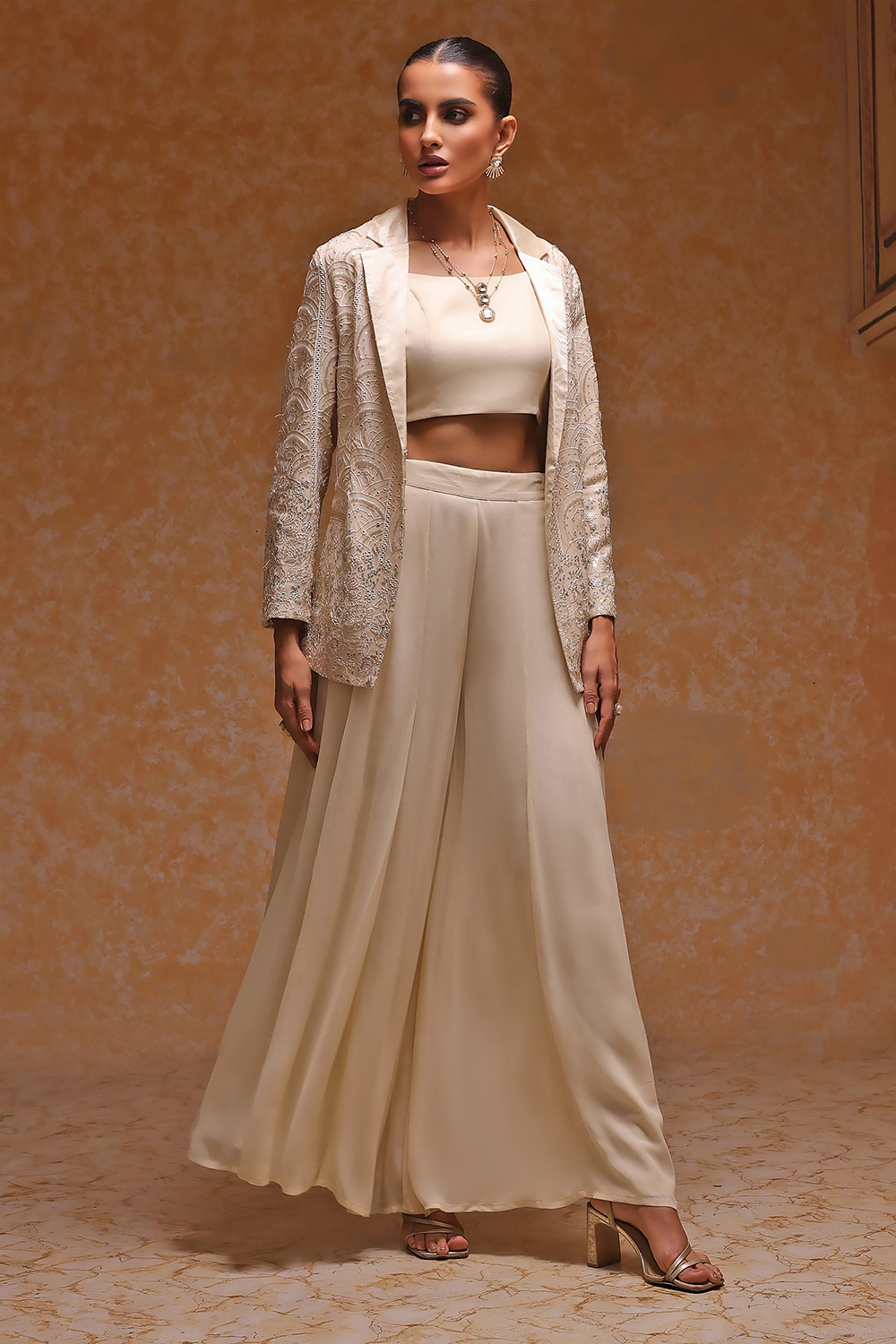 Ivory Poly Georgette Embroidered Fusion Set image number 5