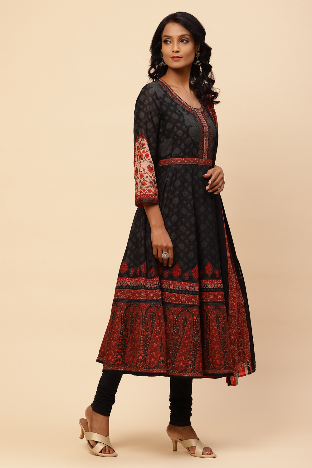 Black Cotton Anarkali Kurta Churidar Suit Set image number 6