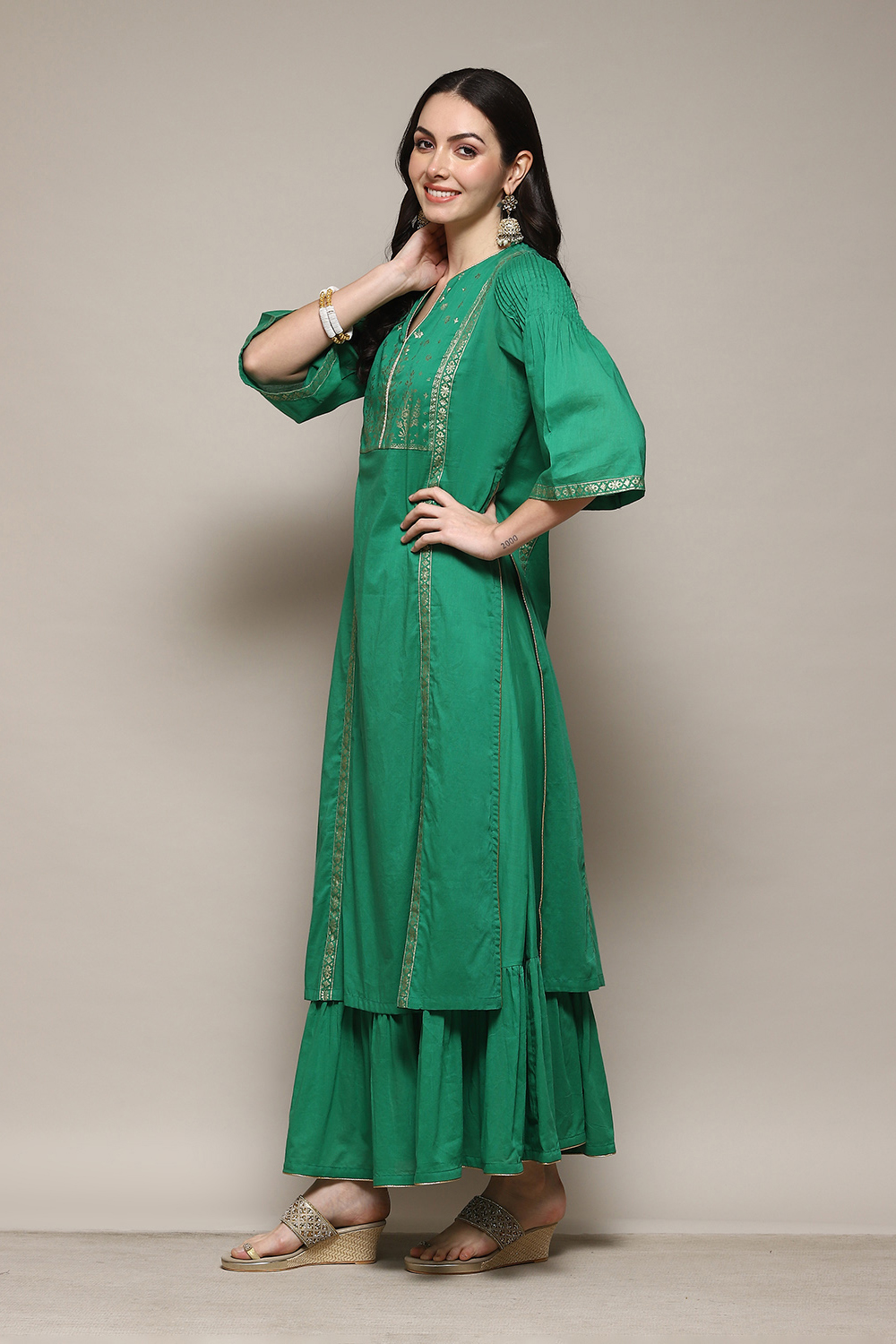 Green Cotton Flared Printed Kurta image number 3