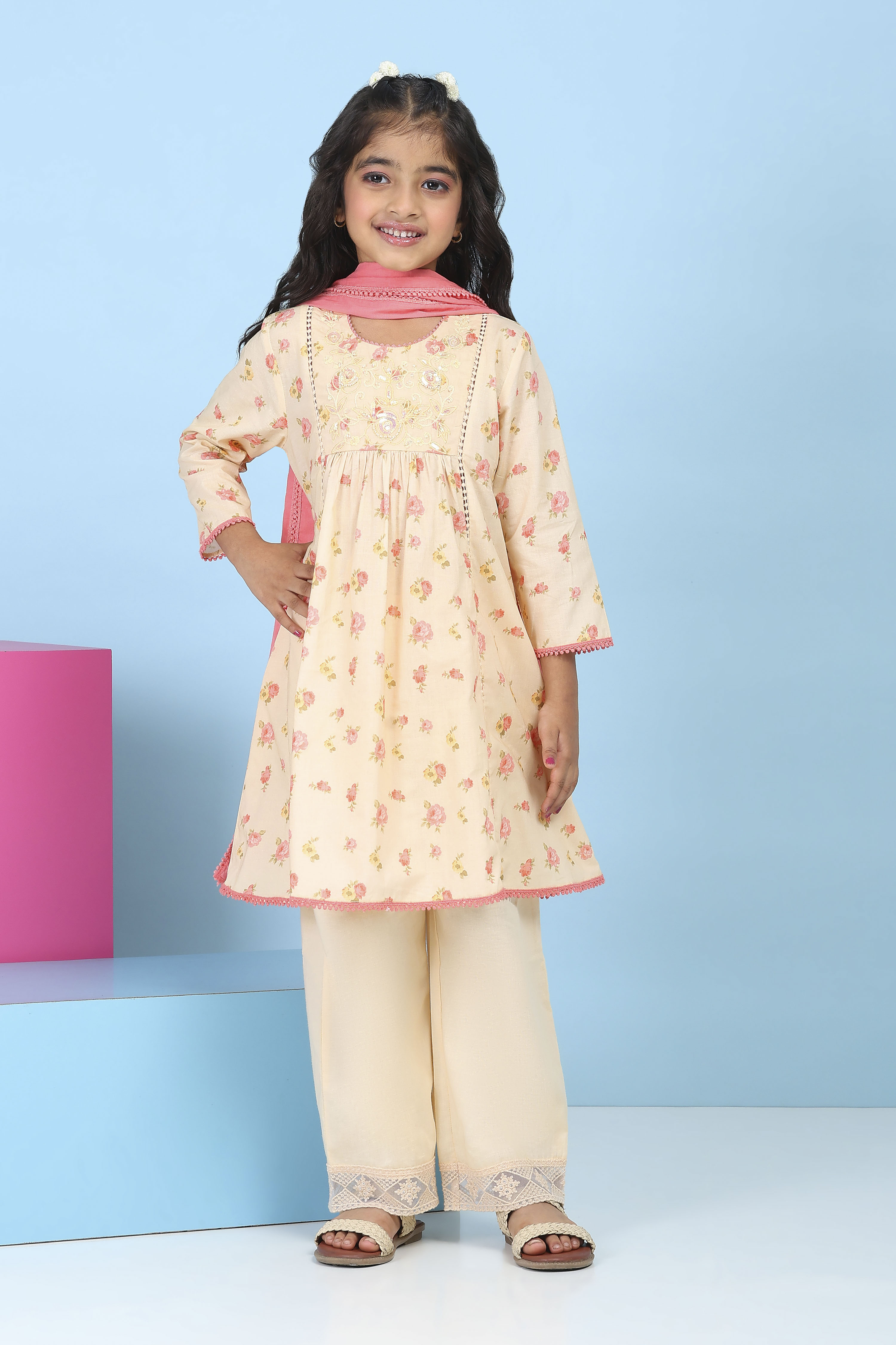 Peach Cotton Floral Printed A-Line Suit Set image number 6