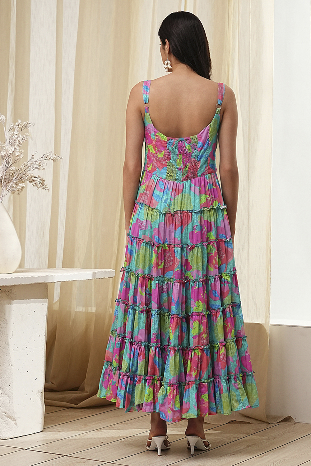 Turquoise Cotton Floral Printed Tiered Dress image number 4