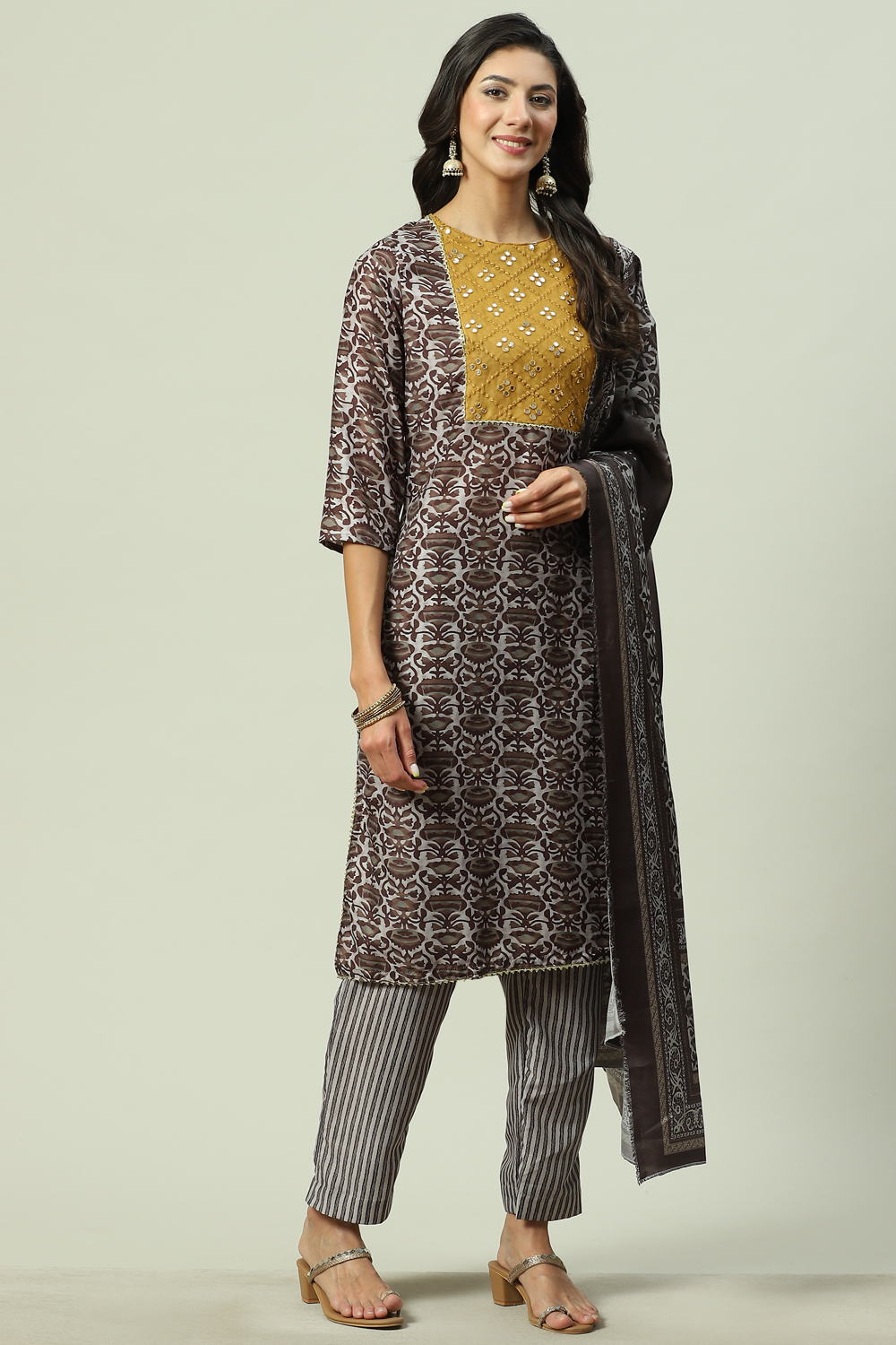 Brown Muslin Unstitched Suit Set image number 0