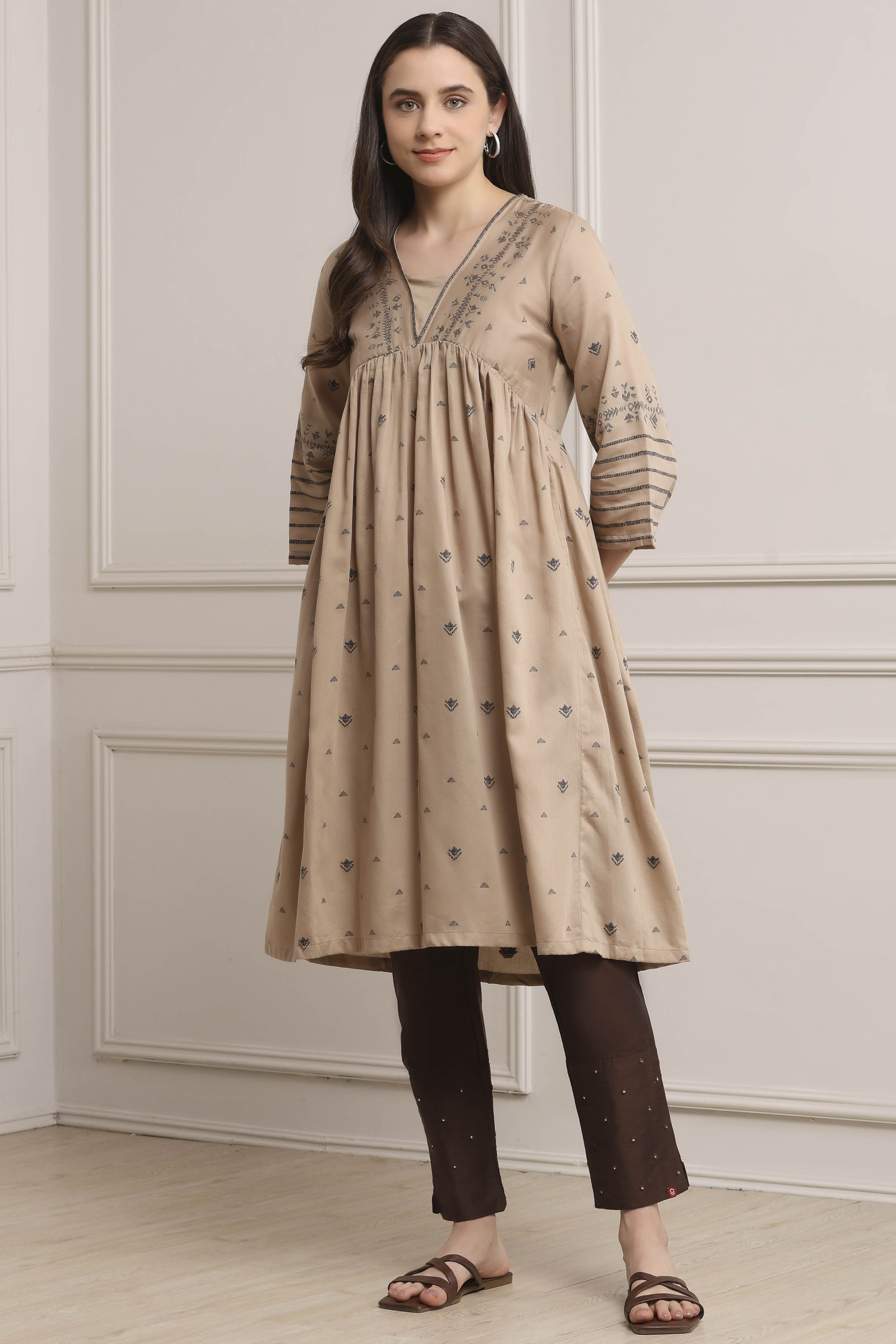 Taupe Poly Cotton Flared Kurta Pants Set image number 0