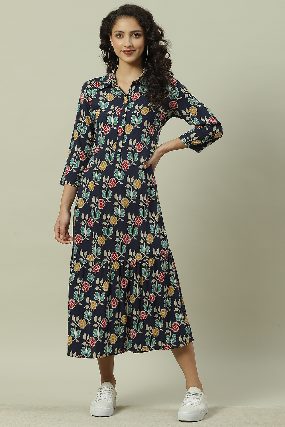 Navy Rayon A-Line Printed Dress image number 5