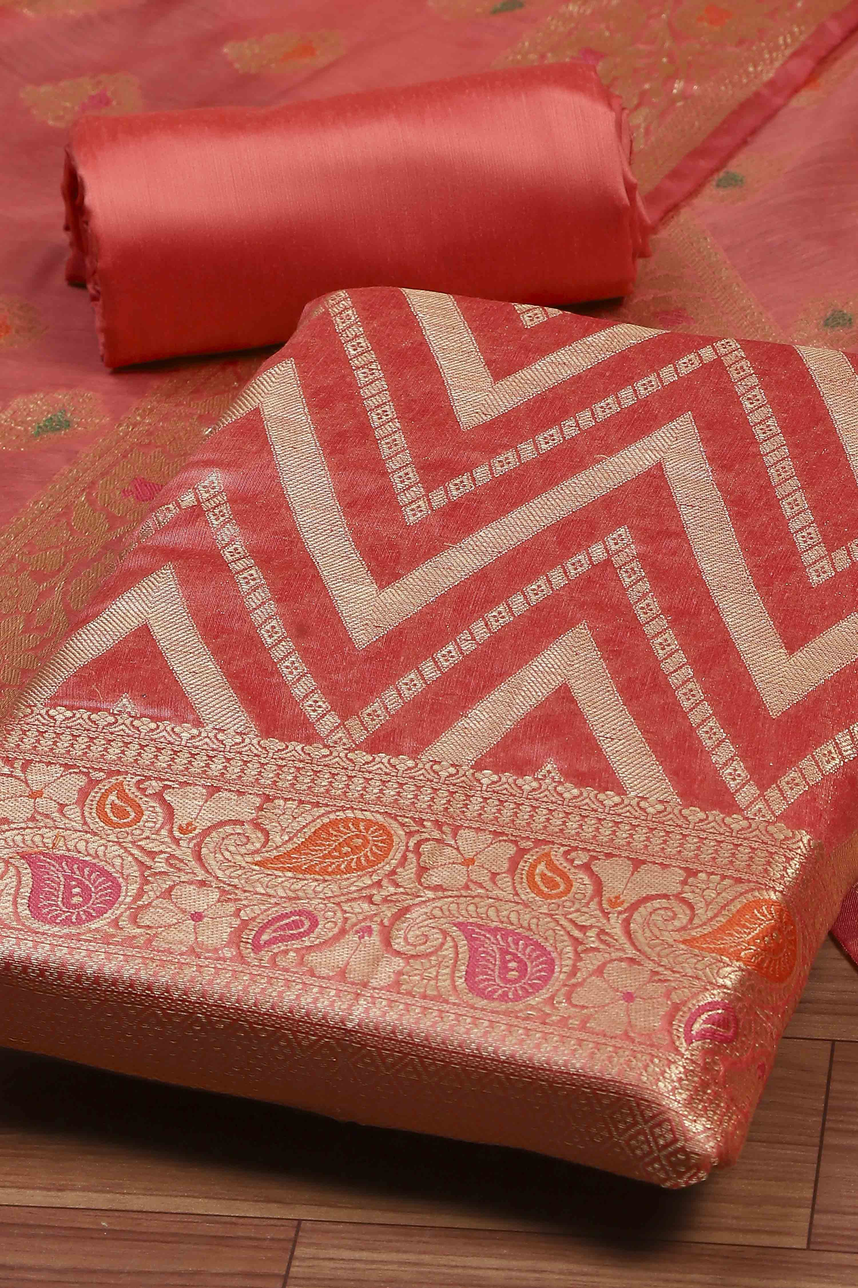 Hot Pink Poly Cotton Banarasi Unstitched Suit Set image number 1