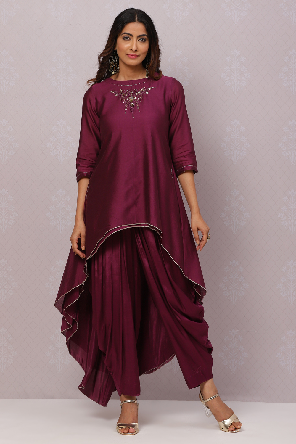 Teal Flared Cotton Silk Fusion Wear 2 Piece Set image number 3