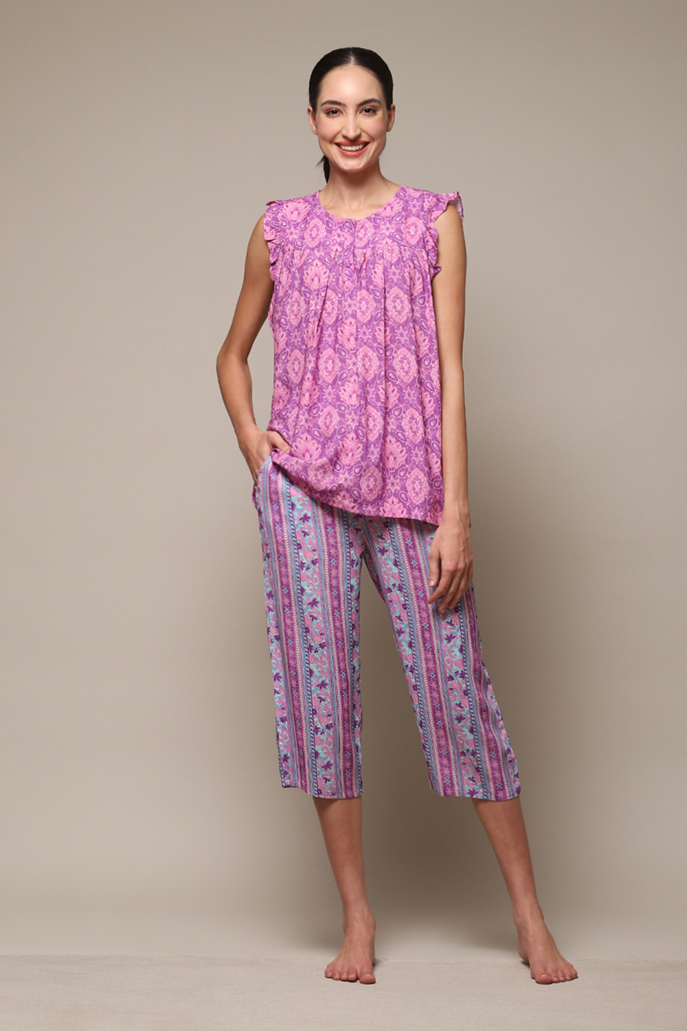 Purple Rayon Printed 2 Piece Sleepwear Set image number 6